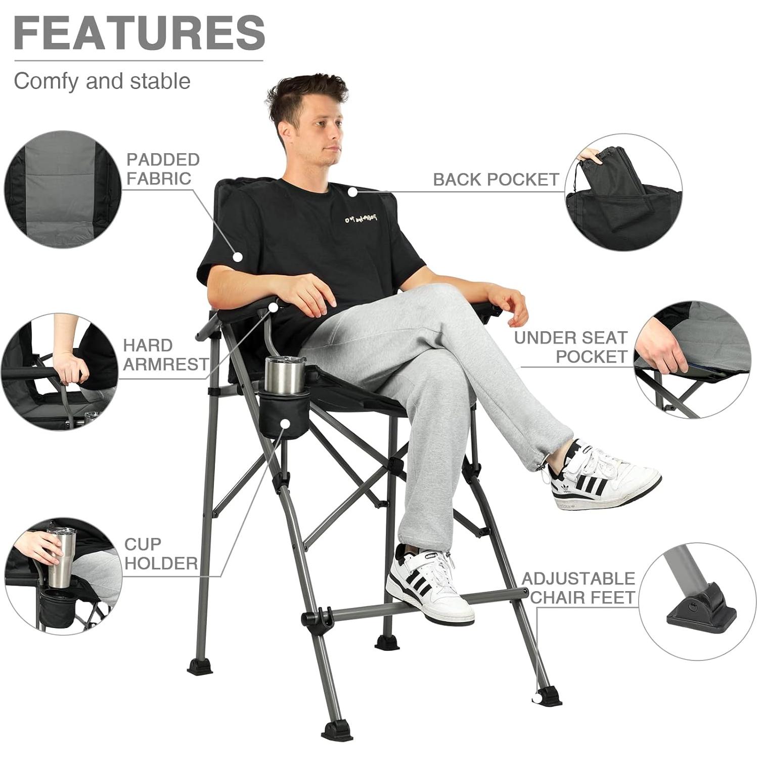 EVER ADVANCED Tall Directors Chair with Cup Holder 31", Bar Height Folding Chair for Camping, Sports with Carry Bag, Mesh Pockets and Footrest, Heavy Duty 300 lbs, Black
