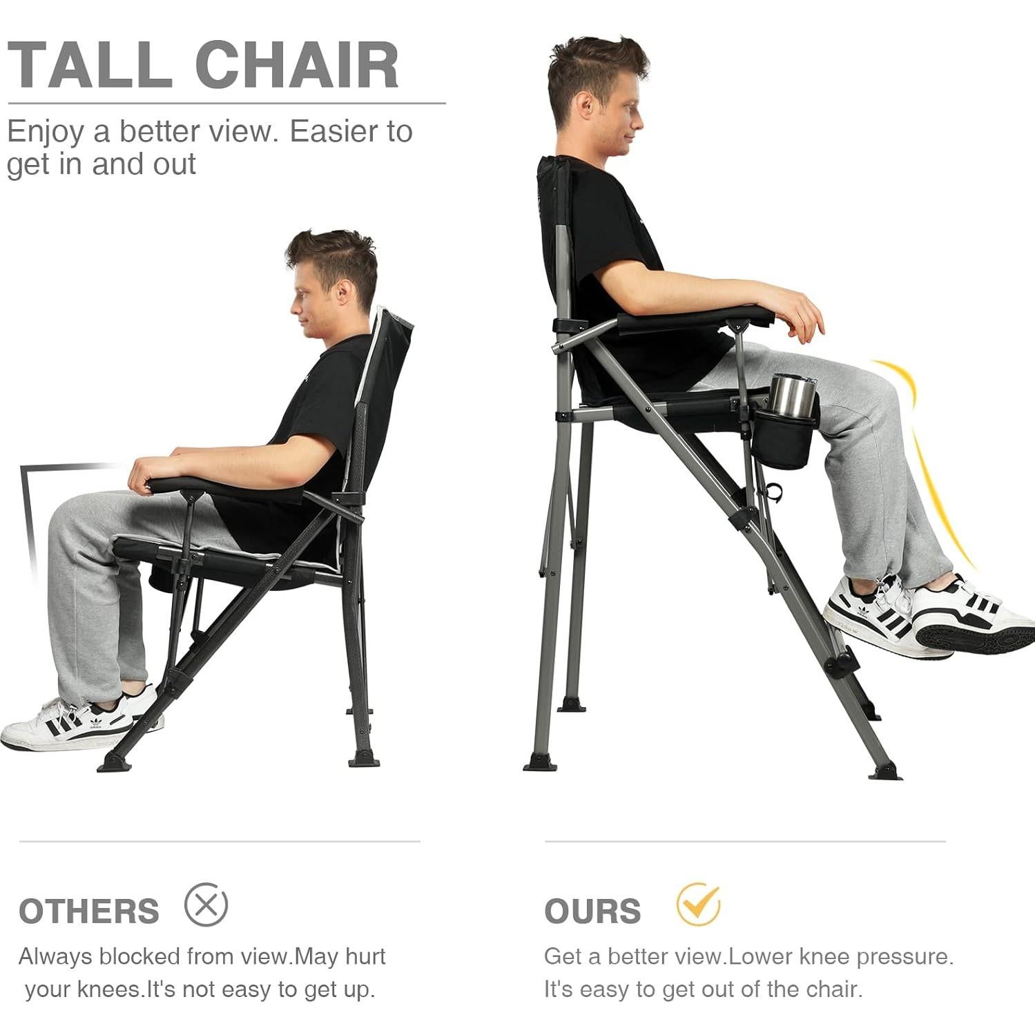 EVER ADVANCED Tall Directors Chair with Cup Holder 31", Bar Height Folding Chair for Camping, Sports with Carry Bag, Mesh Pockets and Footrest, Heavy Duty 300 lbs, Black