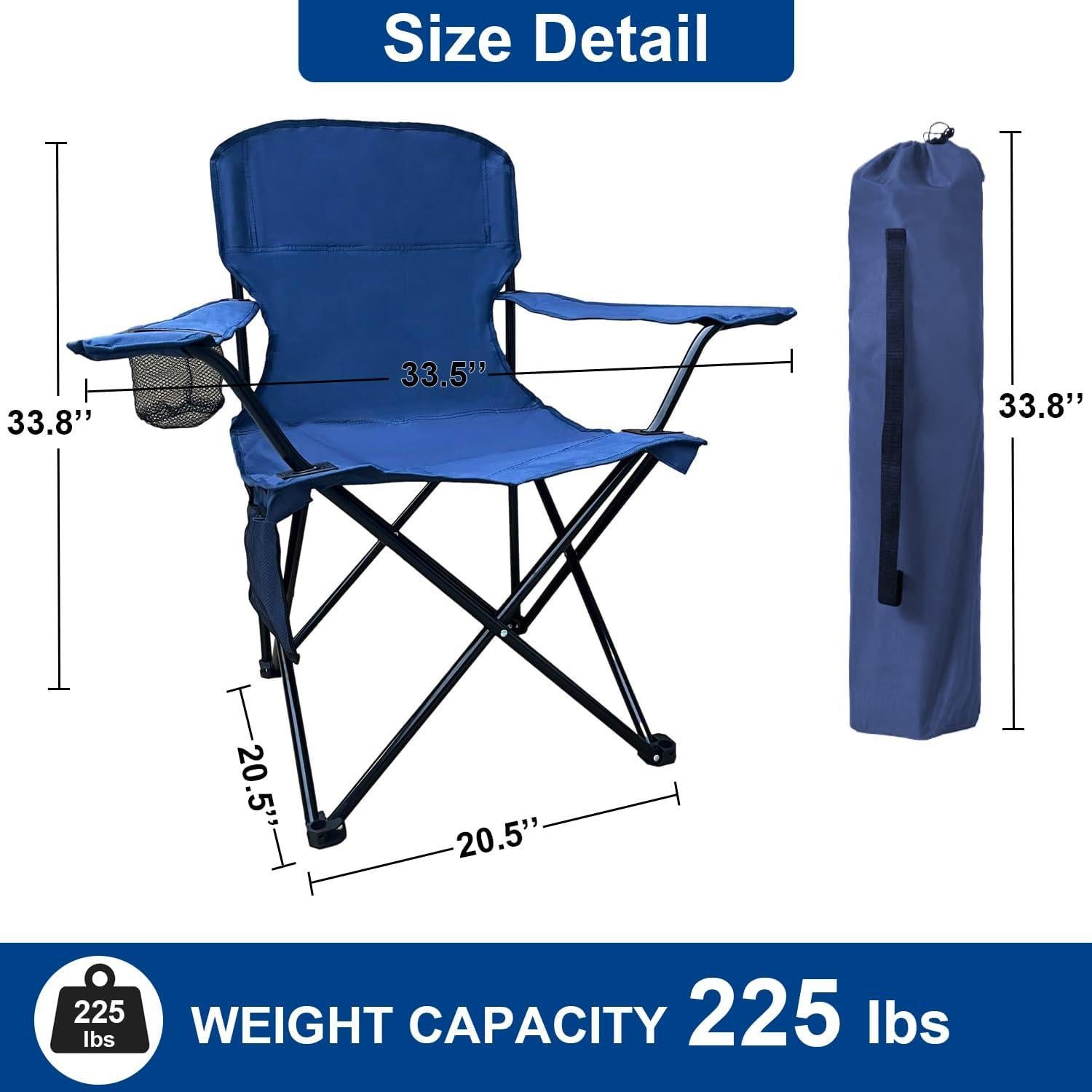 Folding Camping Collapsible Chairs Heavy Duty Lawn Chair with Cooler Bag, Storage Pocket, Waterproof Bag Outdoor Arm Chair, Supports 225LBS, Cyan