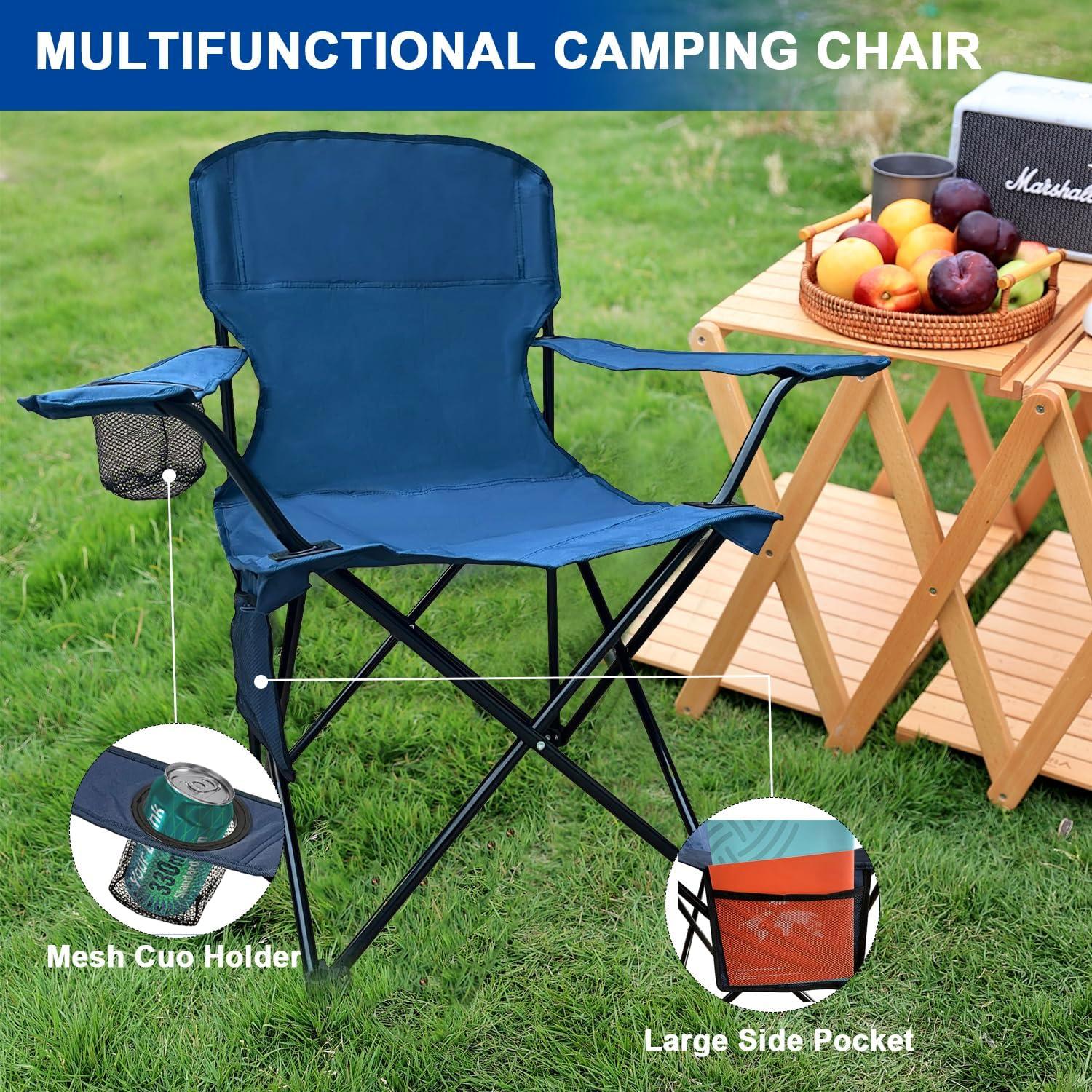 Folding Camping Collapsible Chairs Heavy Duty Lawn Chair with Cooler Bag, Storage Pocket, Waterproof Bag Outdoor Arm Chair, Supports 225LBS, Cyan