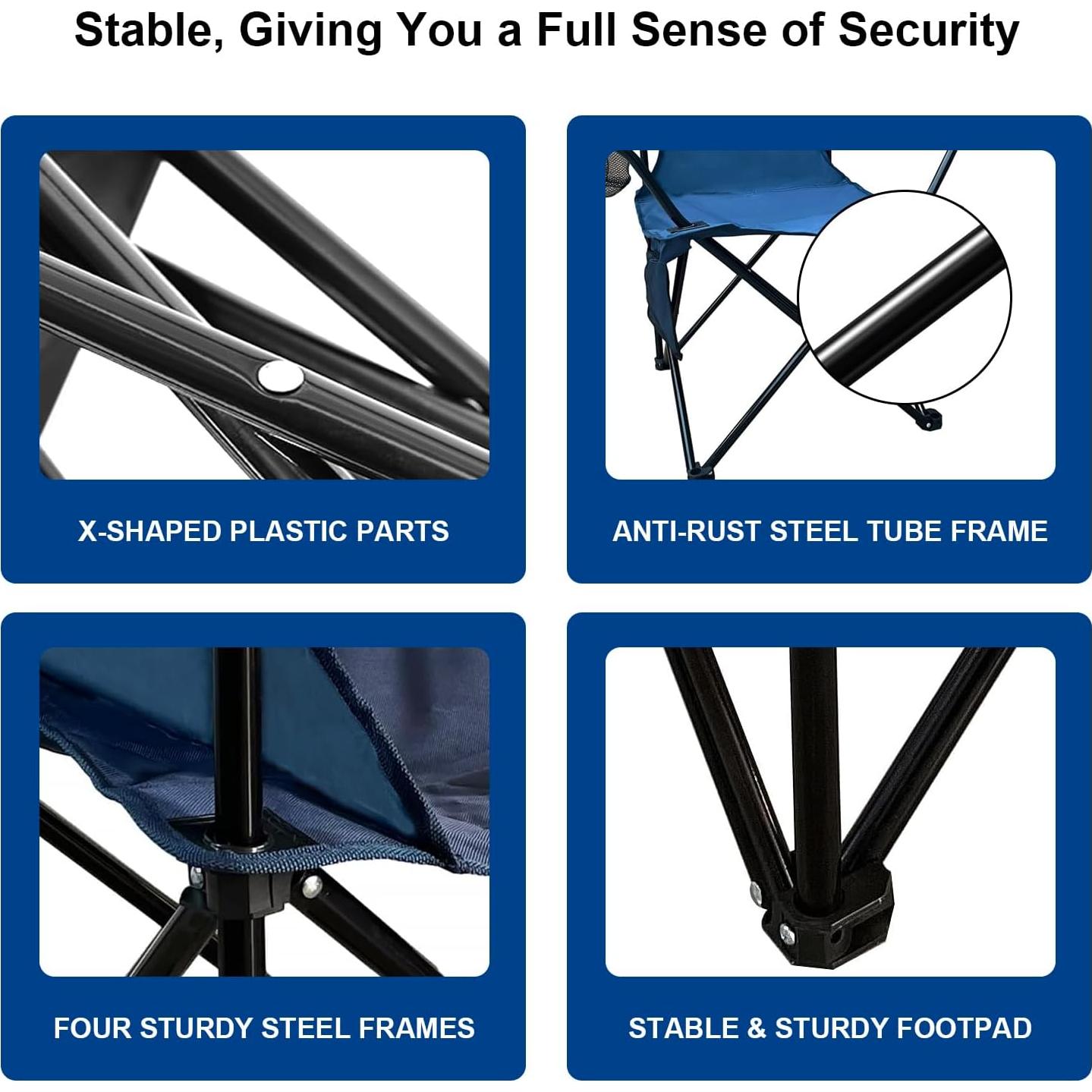 Folding Camping Collapsible Chairs Heavy Duty Lawn Chair with Cooler Bag, Storage Pocket, Waterproof Bag Outdoor Arm Chair, Supports 225LBS, Cyan