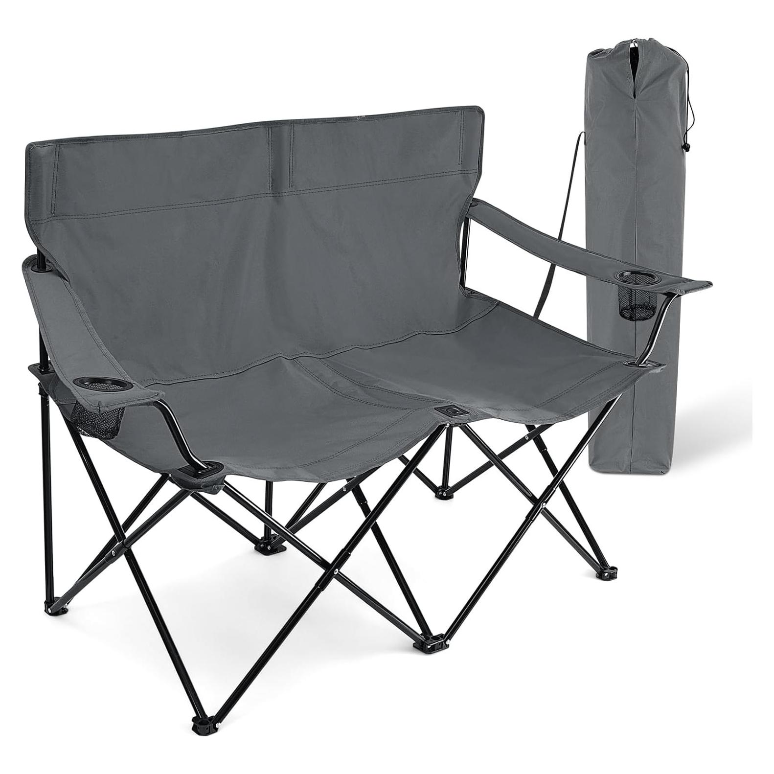 HaSteeL Foldable Camping Chair, Double Seat Folding Camp Chair for 2 Persons, Portable & Large for Outdoor Fishing, Hiking, Travel, Picnic, Beach, Lawn, Patio, Include Storage Bag (Grey)
