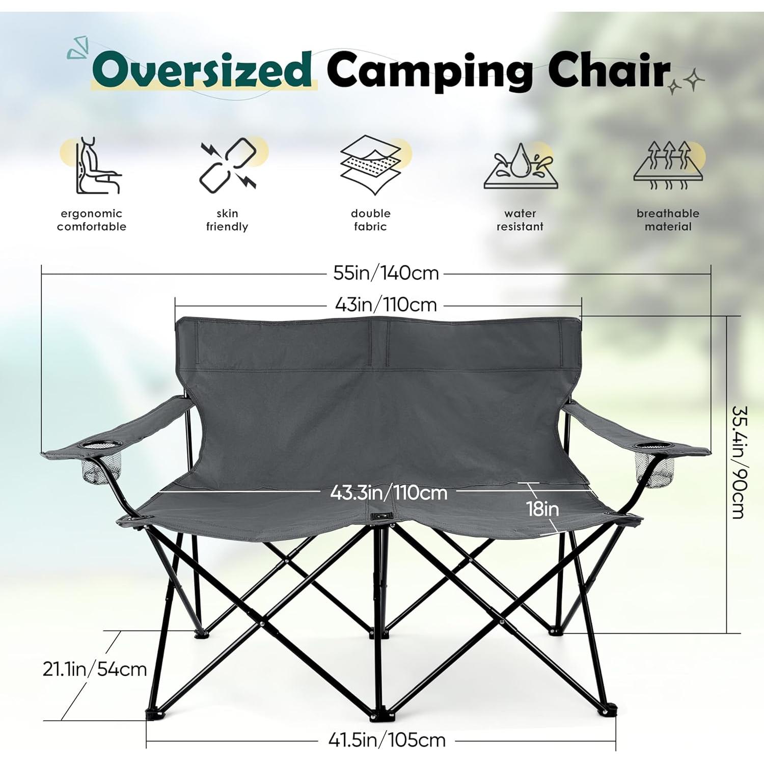 HaSteeL Foldable Camping Chair, Double Seat Folding Camp Chair for 2 Persons, Portable & Large for Outdoor Fishing, Hiking, Travel, Picnic, Beach, Lawn, Patio, Include Storage Bag (Grey)