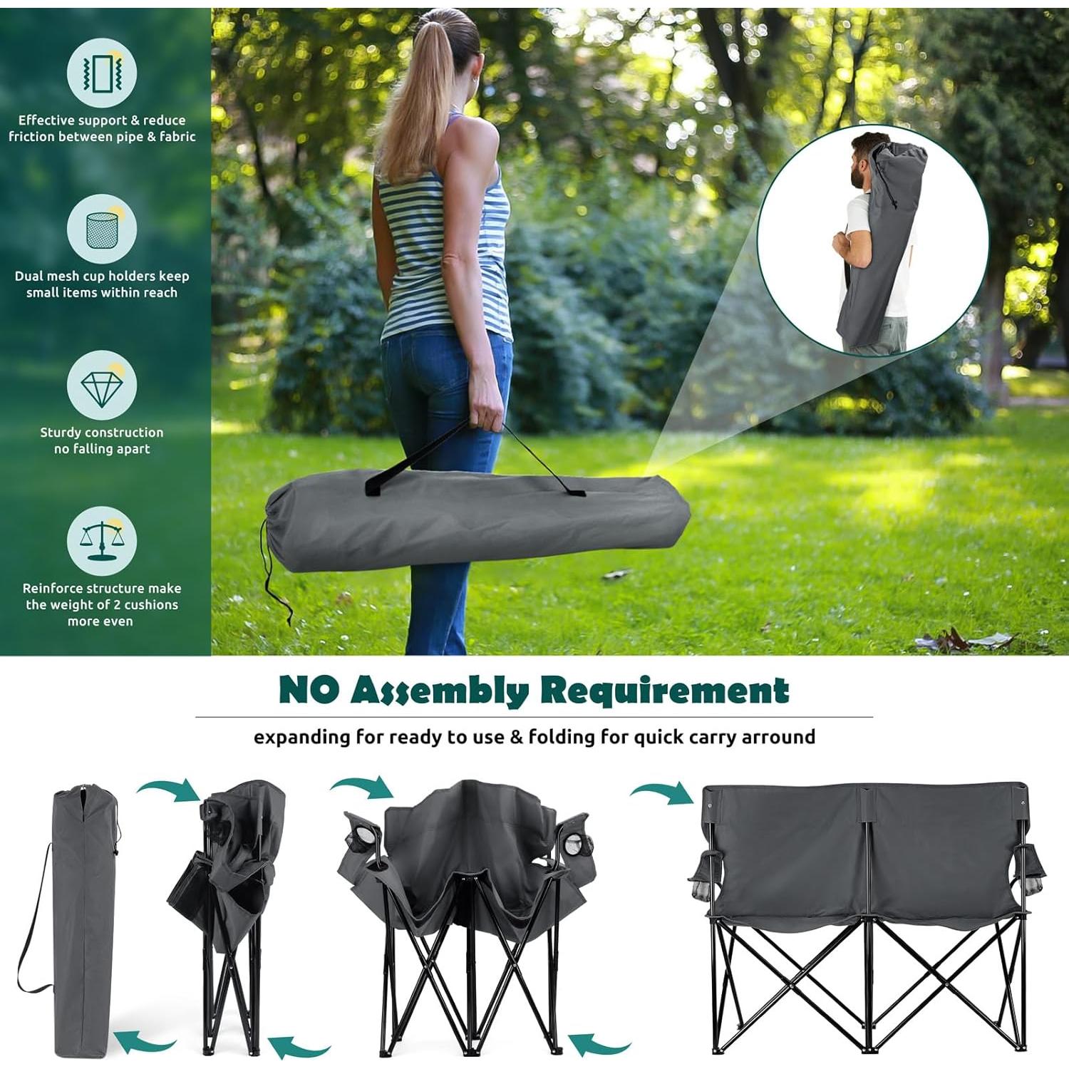 HaSteeL Foldable Camping Chair, Double Seat Folding Camp Chair for 2 Persons, Portable & Large for Outdoor Fishing, Hiking, Travel, Picnic, Beach, Lawn, Patio, Include Storage Bag (Grey)