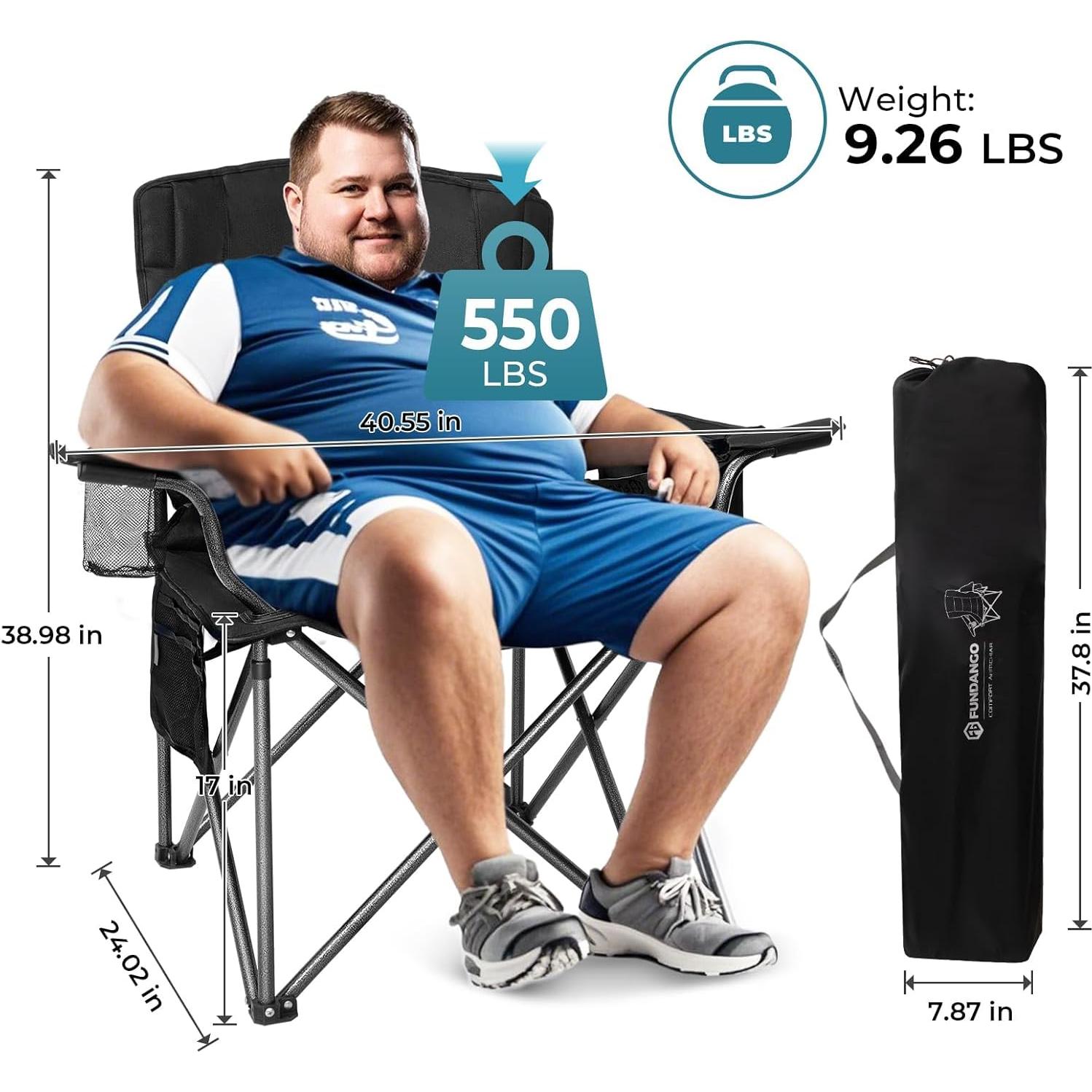 Oversized Camping Chairs for Adults, Heavy Duty Fold Up Sports Games Lawn Chairs, Extra Wide Big Man Outdoor Chairs with Padded Lumbar Support Backrest, Bag Included for Camp, Outside, Beach