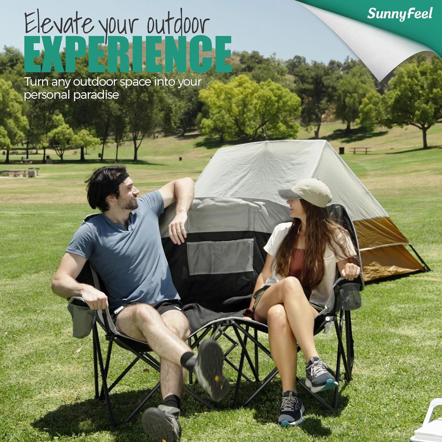 Folding Double Camping Chair, Oversized Loveseat Chair, Heavy Duty Portable/Foldable Lawn Chair with Storage/Cooler for Outside/Outdoor/Travel/Picnic, Fold Up Camp Chairs for Adults 2 People