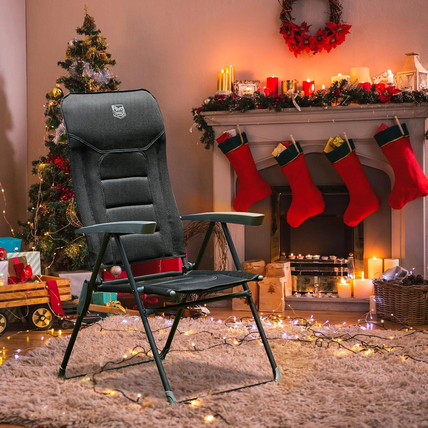 TIMBER RIDGE 7-Level Reclining Camping Chair, Adjustable Folding Patio Chair with High Back for Adults, Lightweight Aluminum Padded Lawn Chair for Outside, Heavy Duty Supports 300 LBS, Black-1 Pack