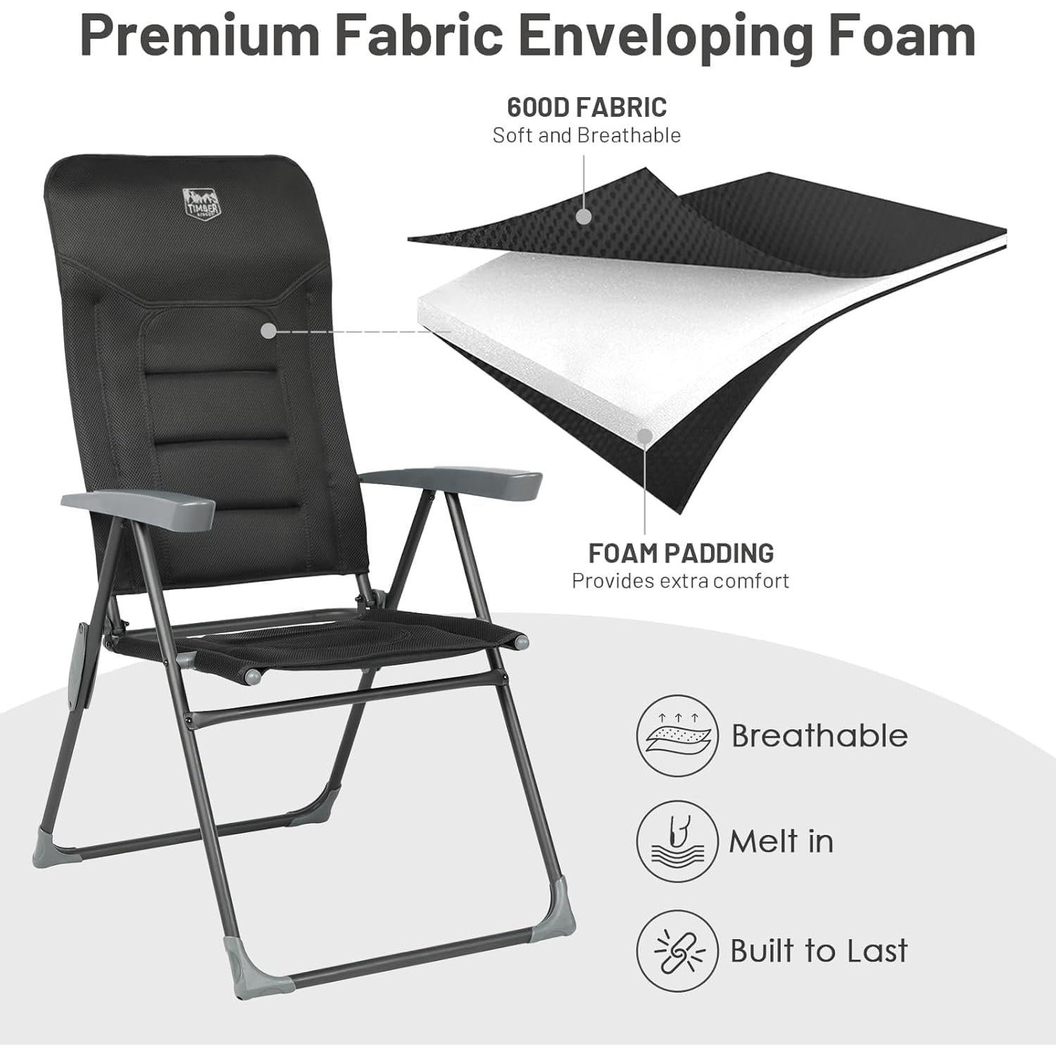 TIMBER RIDGE 7-Level Reclining Camping Chair, Adjustable Folding Patio Chair with High Back for Adults, Lightweight Aluminum Padded Lawn Chair for Outside, Heavy Duty Supports 300 LBS, Black-1 Pack