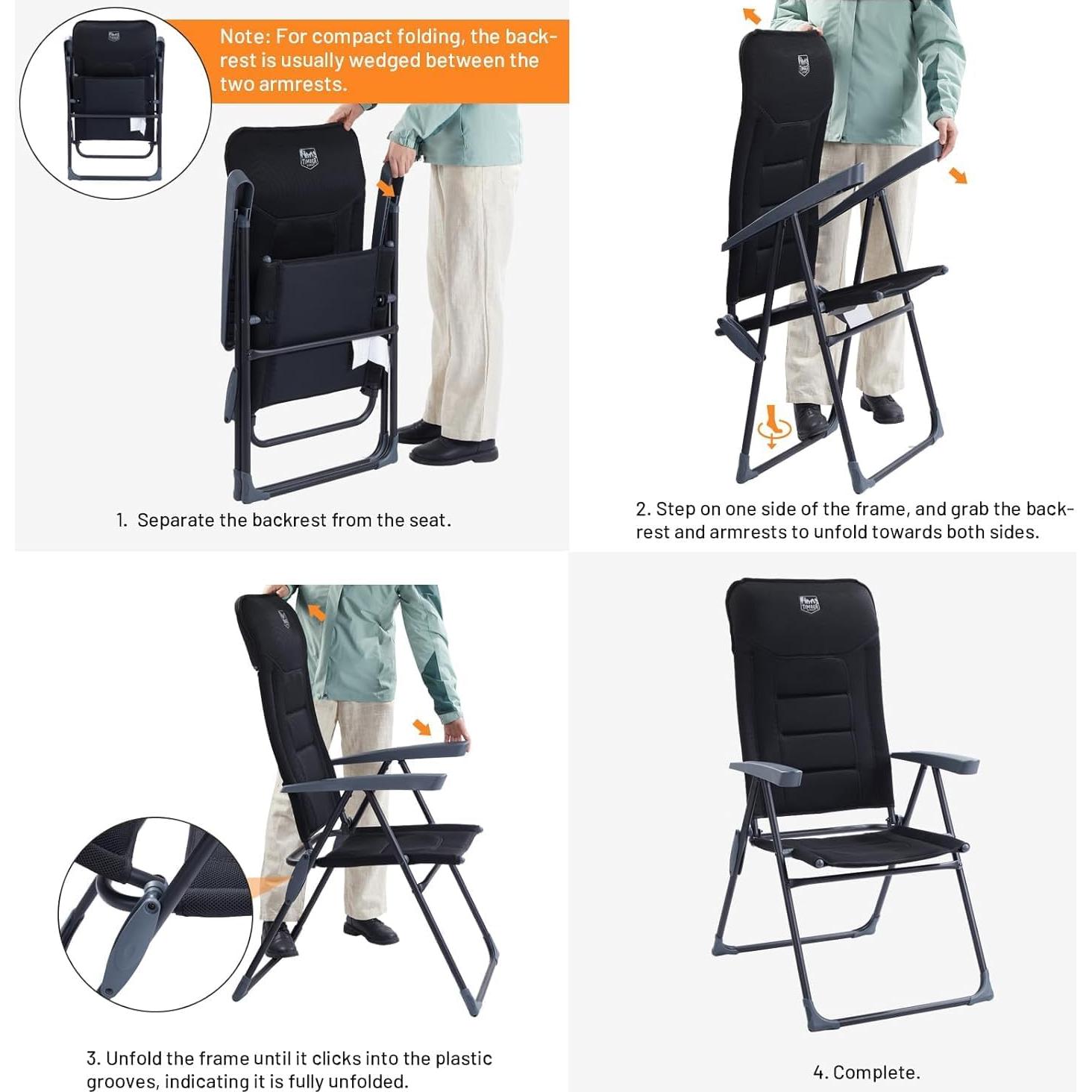 TIMBER RIDGE 7-Level Reclining Camping Chair, Adjustable Folding Patio Chair with High Back for Adults, Lightweight Aluminum Padded Lawn Chair for Outside, Heavy Duty Supports 300 LBS, Black-1 Pack