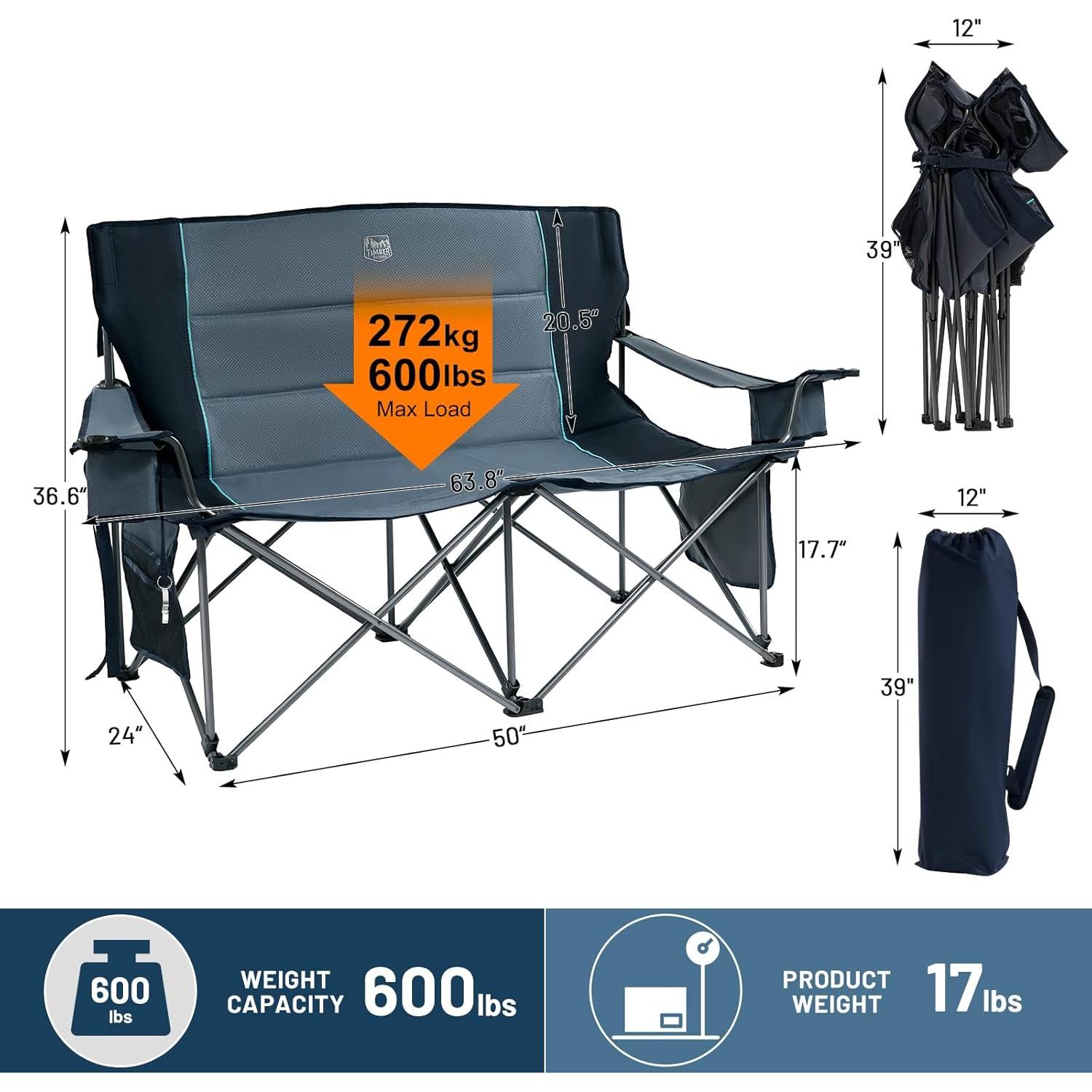TIMBER RIDGE Oversized Double Camping Chairs Camping Couch, 2 Person Camping Loveseat Double Folding Camp Chair with Wine Glass Holder, Portable Chair for Outdoor, Lawn Chairs, Indoor, Supports 600LBS
