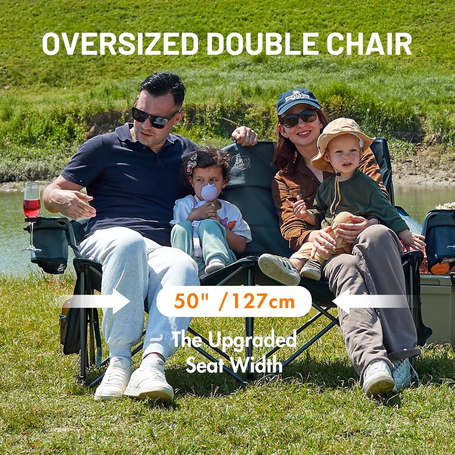 TIMBER RIDGE Oversized Double Camping Chairs Camping Couch, 2 Person Camping Loveseat Double Folding Camp Chair with Wine Glass Holder, Portable Chair for Outdoor, Lawn Chairs, Indoor, Supports 600LBS