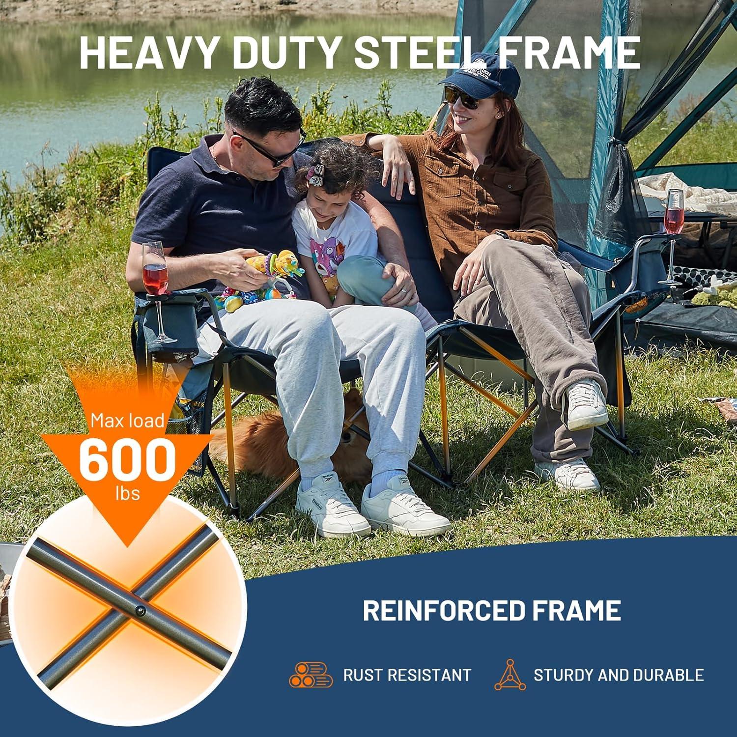 TIMBER RIDGE Oversized Double Camping Chairs Camping Couch, 2 Person Camping Loveseat Double Folding Camp Chair with Wine Glass Holder, Portable Chair for Outdoor, Lawn Chairs, Indoor, Supports 600LBS