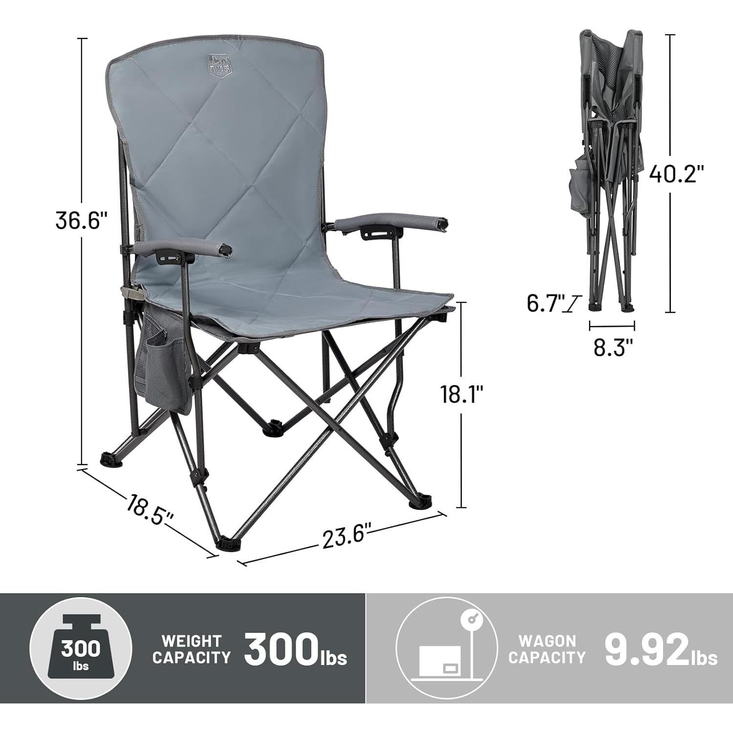 Folding Camping Chair, Removable Seat Padded Lawn Chairs Foldable Outdoor Camp Chair for Adults, Supports Up to 300 LBS, Grey