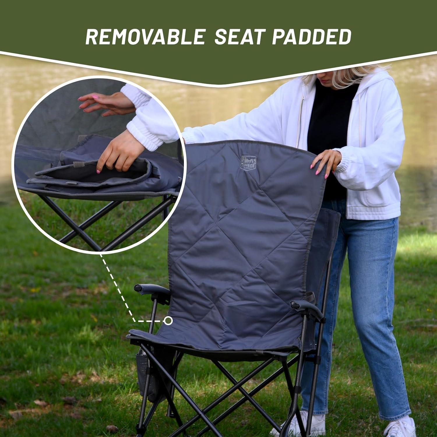 Folding Camping Chair, Removable Seat Padded Lawn Chairs Foldable Outdoor Camp Chair for Adults, Supports Up to 300 LBS, Grey