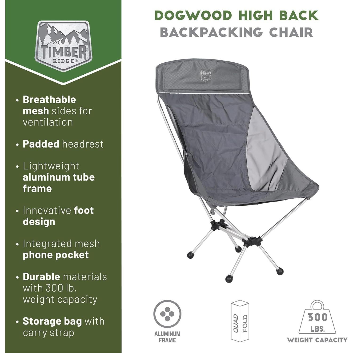 Silla Plegable Ligera Timber Ridge Respaldo Alto 136 kg