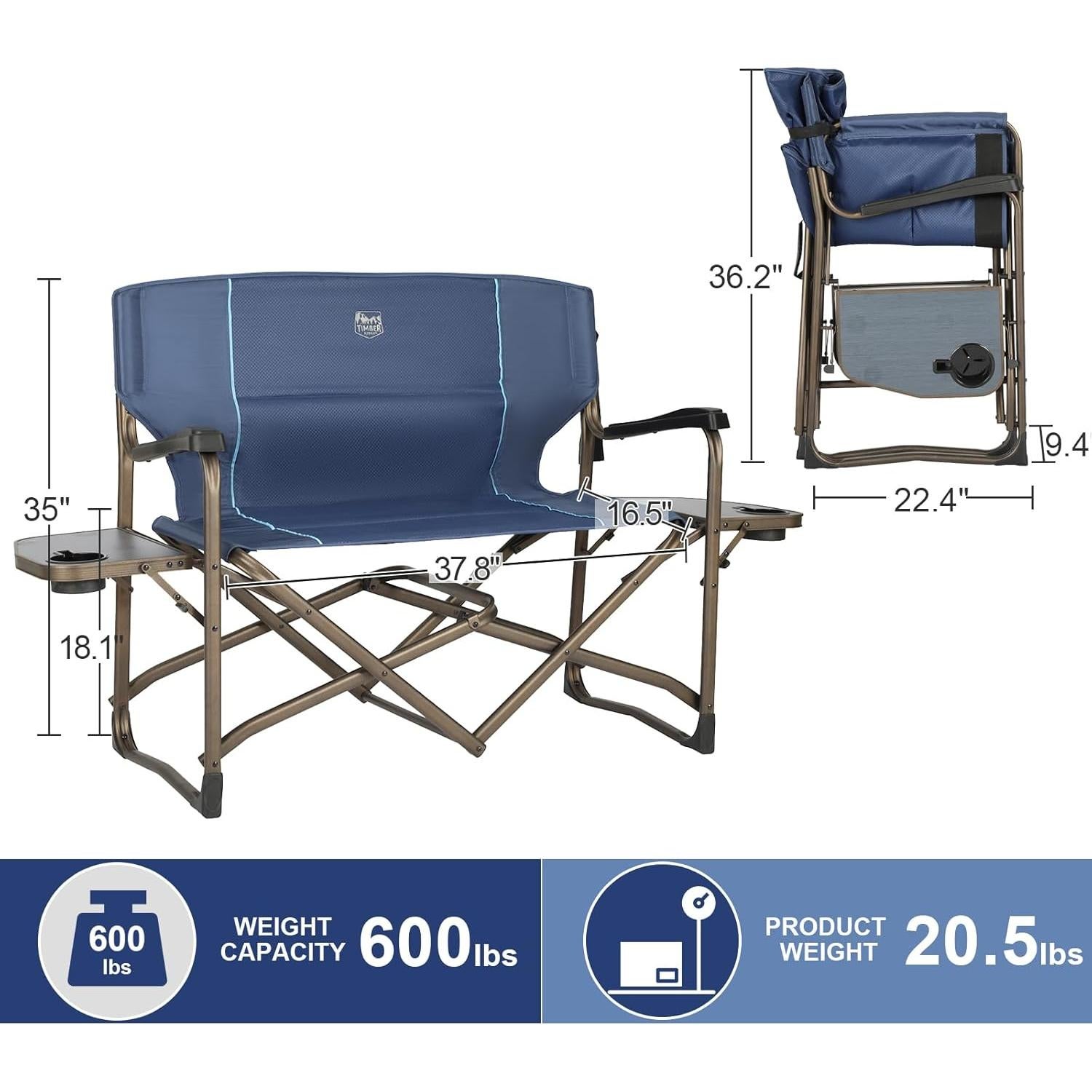 Double Camping Chair Foldable Loveseat Directors Chairs, Oversized Double Folding Camping Chairs with 2 Side Tables, 2 Person Lawn Chair, Heavy Duty Support 600 LBS for Outdoor, Blue