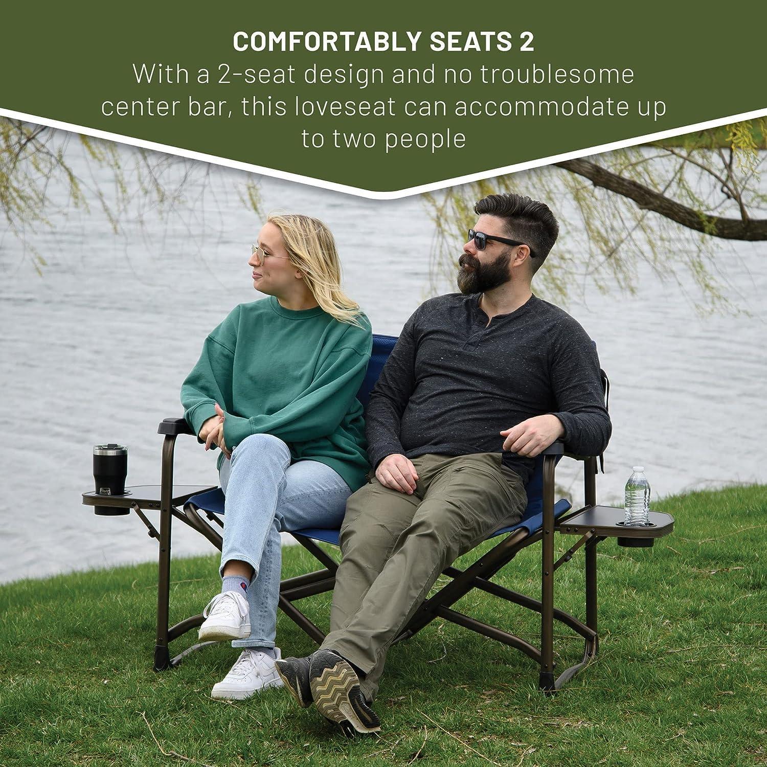 Double Camping Chair Foldable Loveseat Directors Chairs, Oversized Double Folding Camping Chairs with 2 Side Tables, 2 Person Lawn Chair, Heavy Duty Support 600 LBS for Outdoor, Blue
