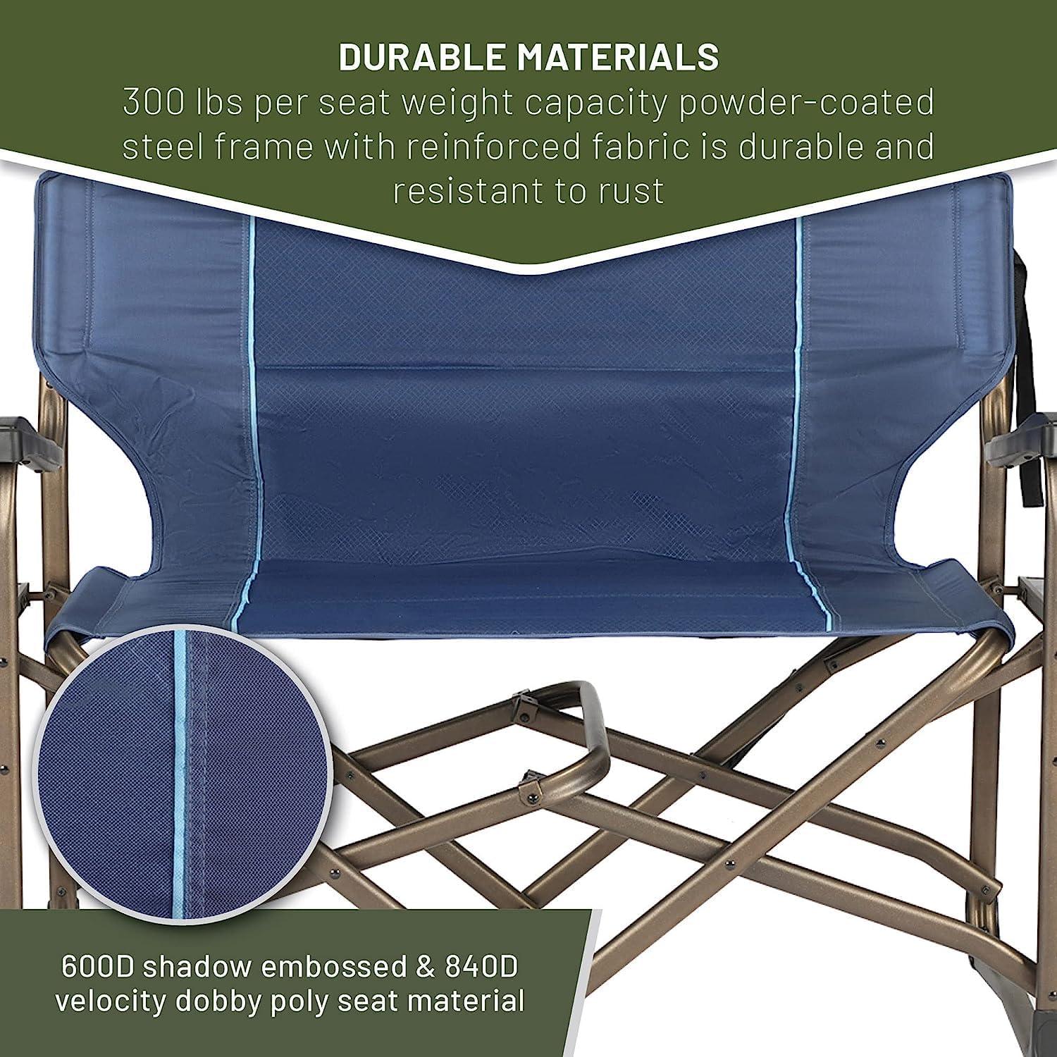Double Camping Chair Foldable Loveseat Directors Chairs, Oversized Double Folding Camping Chairs with 2 Side Tables, 2 Person Lawn Chair, Heavy Duty Support 600 LBS for Outdoor, Blue