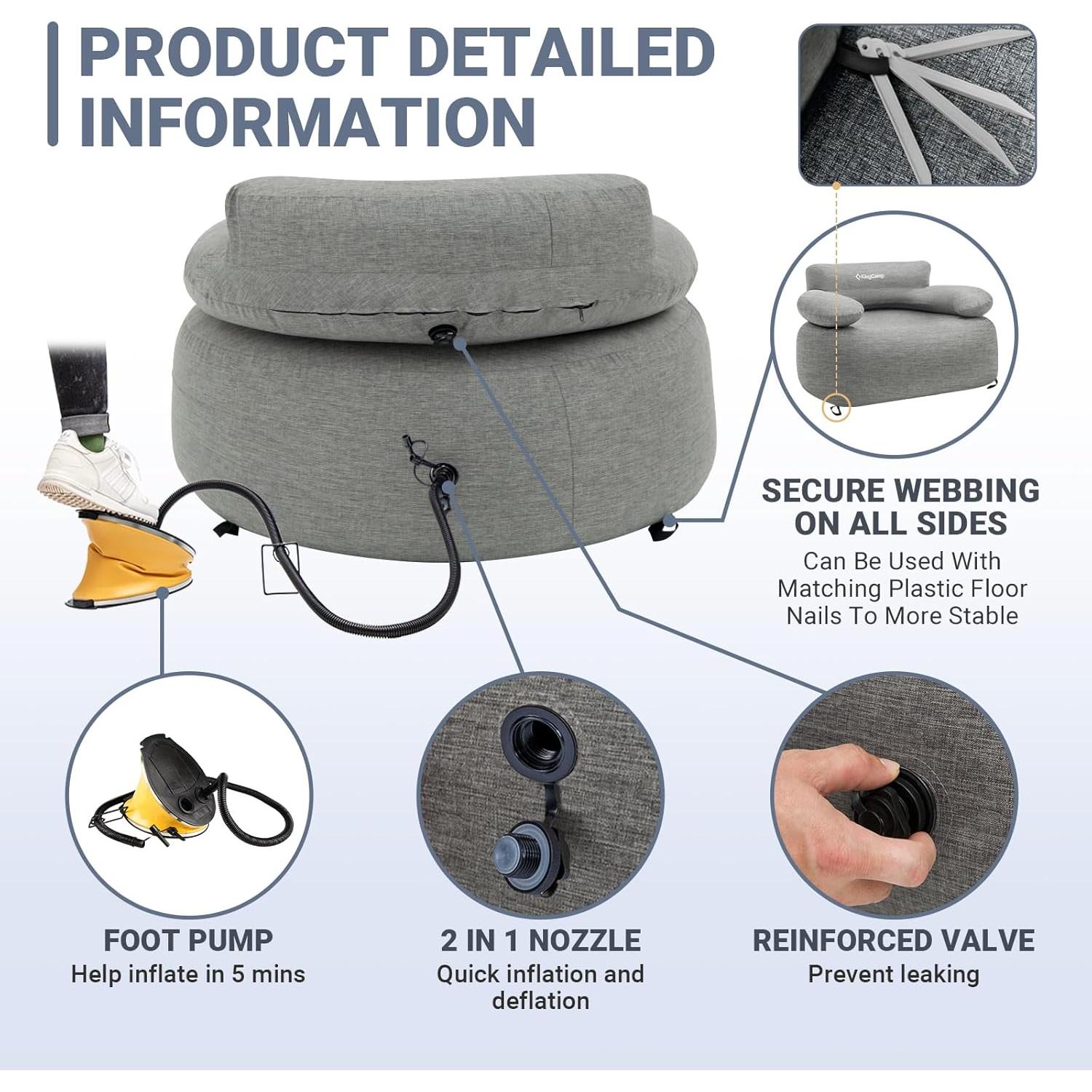 Sofá Inflable KingCamp Individual Gris 108x78x70cm PVC Ecológico