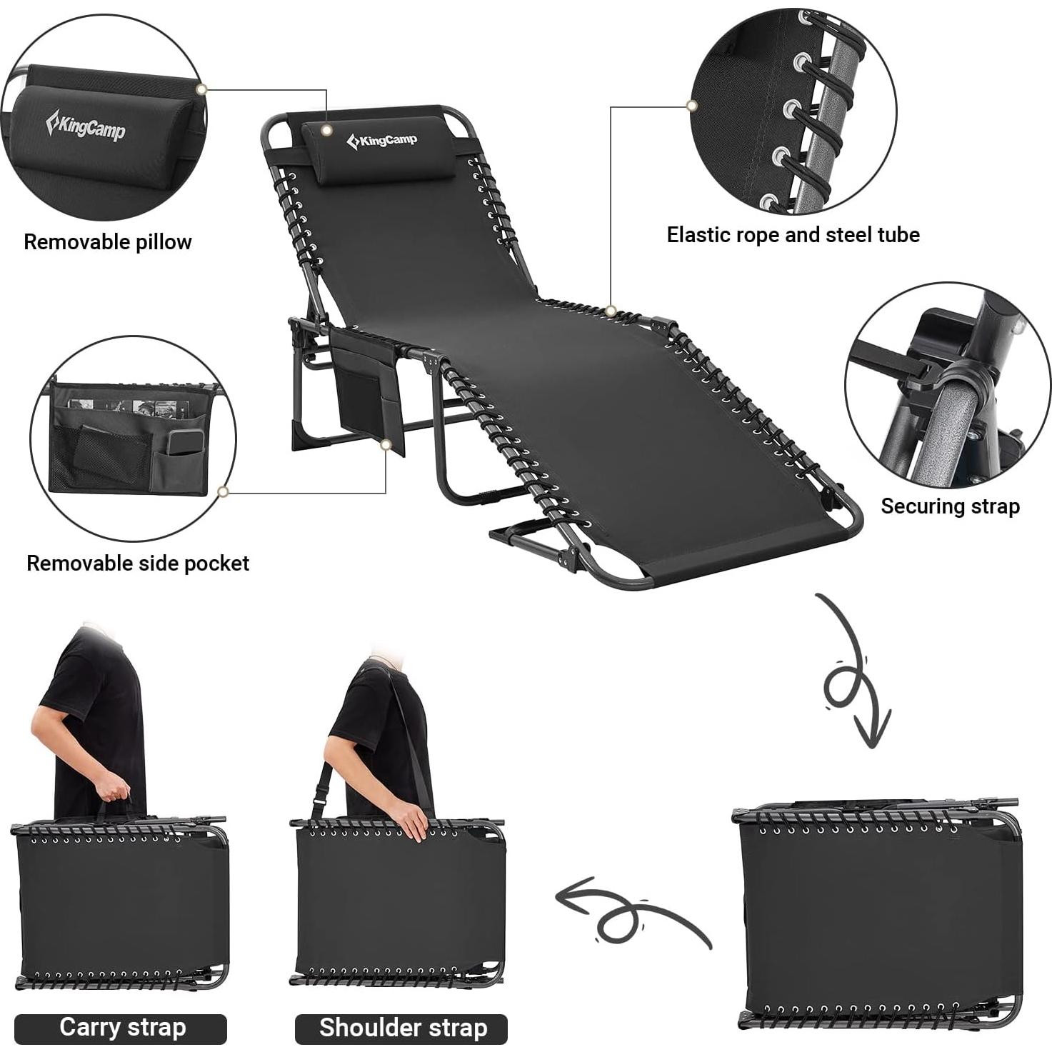 Silla de Patio Plegable KingCamp Ajustable 5 Posiciones Negro