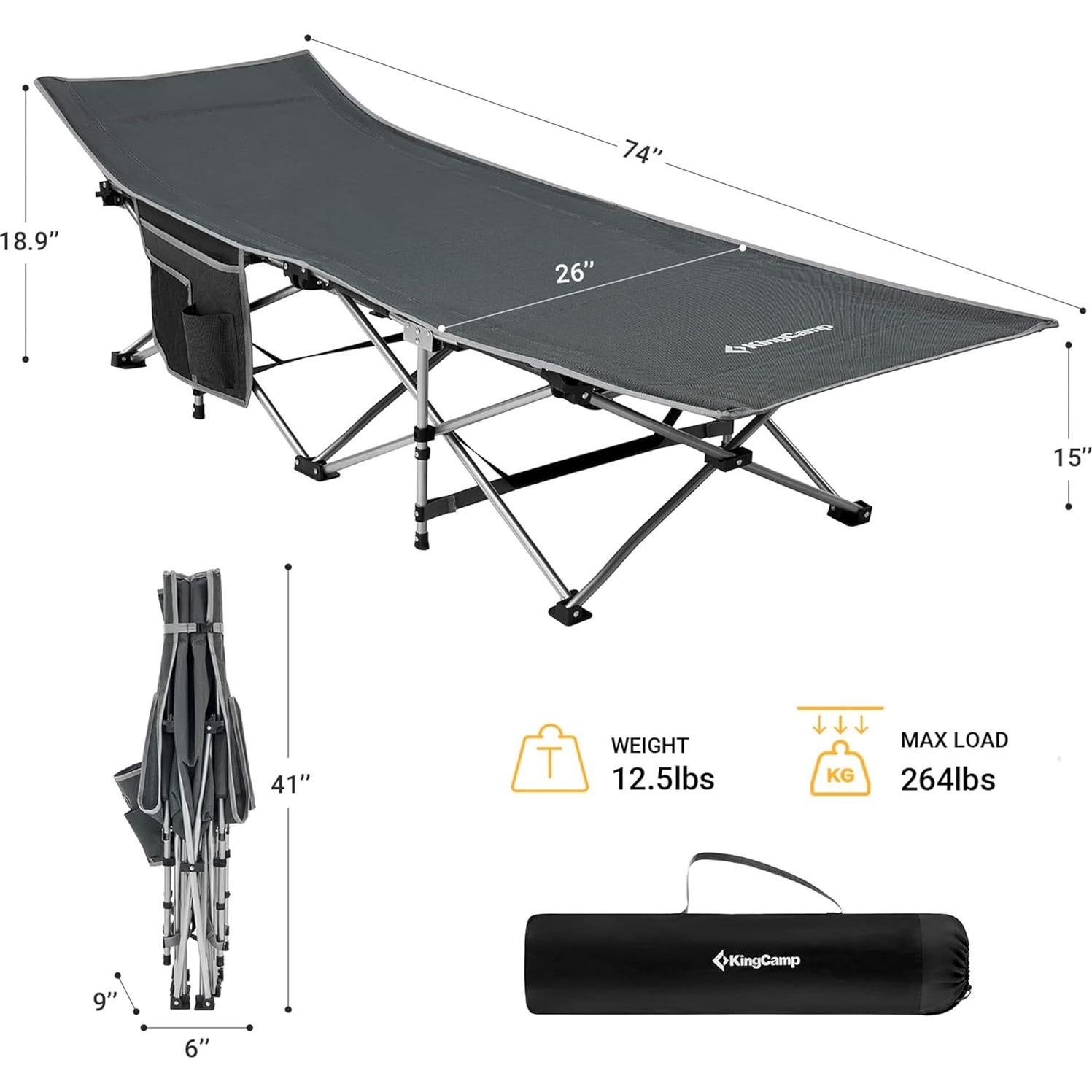Cama Plegable KingCamp KC2026 para Camping 120 kg Gris