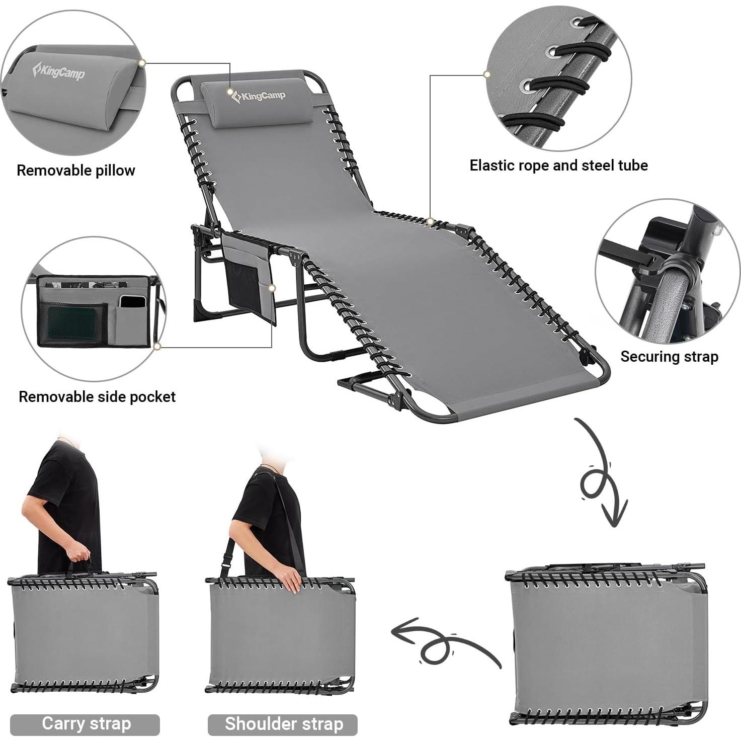 Silla de Patio Plegable KingCamp Ajustable 5 Posiciones Gris