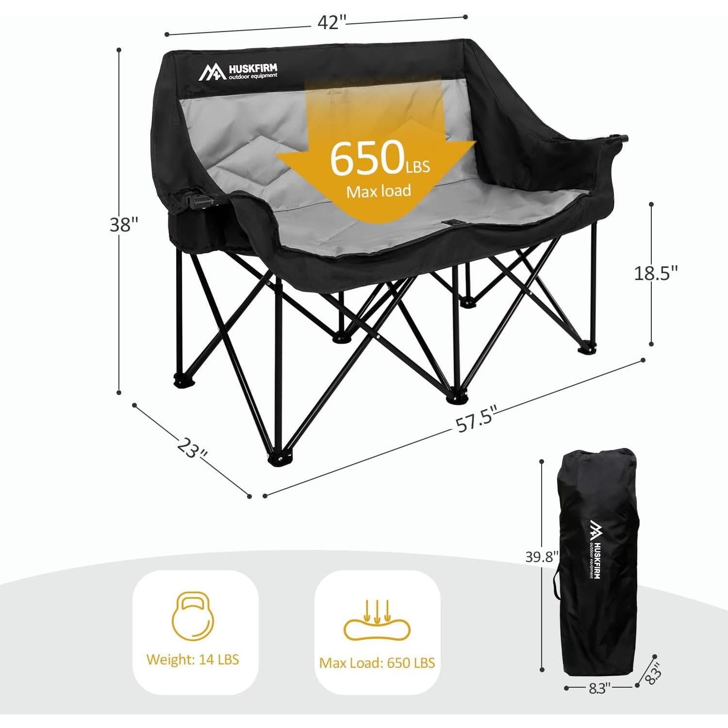 2 Person Camping Chair Oversized Loveseat Camping Chair Double Camping Chairs for Adults Heavy Duty Camping Couch Black Outdoor Folding Chair Portable Patio Lawn Chair