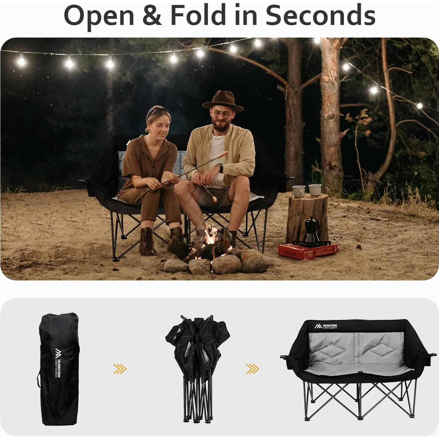 2 Person Camping Chair Oversized Loveseat Camping Chair Double Camping Chairs for Adults Heavy Duty Camping Couch Black Outdoor Folding Chair Portable Patio Lawn Chair