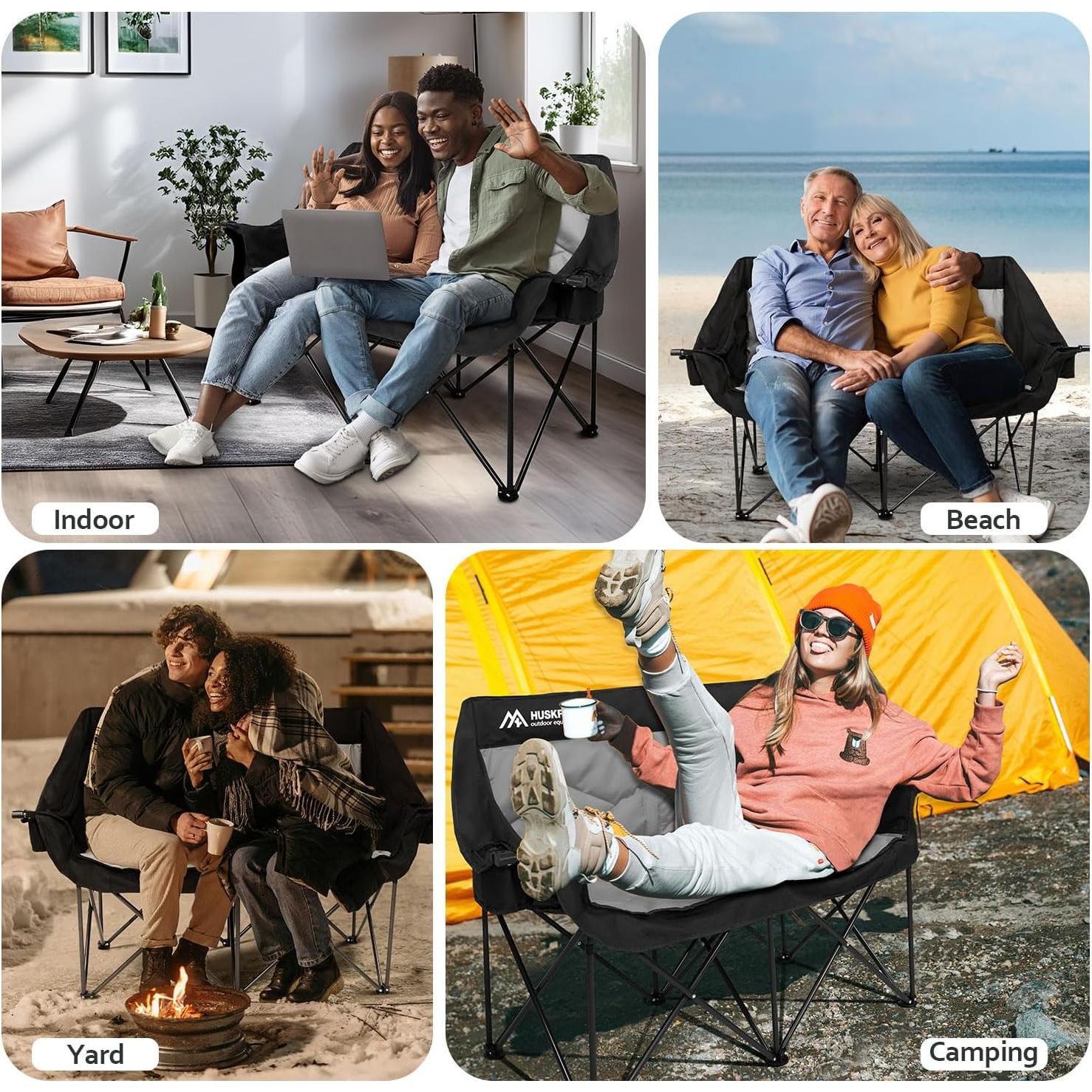 2 Person Camping Chair Oversized Loveseat Camping Chair Double Camping Chairs for Adults Heavy Duty Camping Couch Black Outdoor Folding Chair Portable Patio Lawn Chair