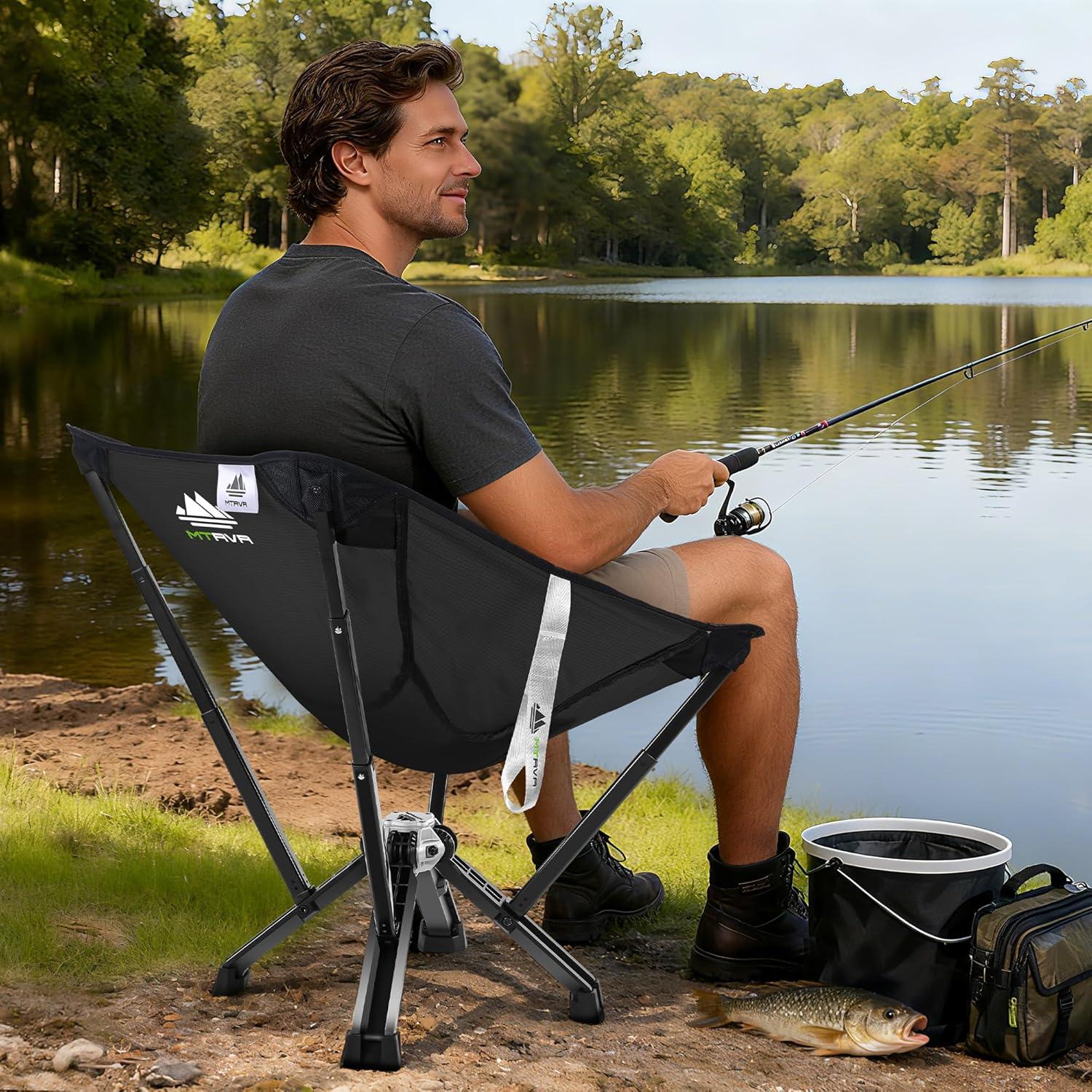 Silla de Camping Plegable MTRVR Negra, Soporta 272 Kg, Compacta