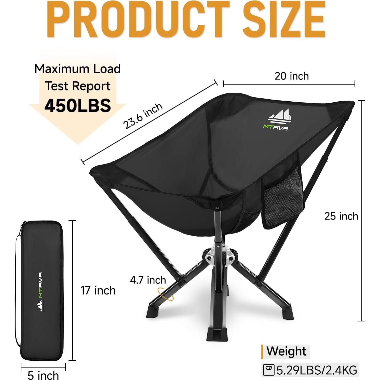 Silla de Camping Plegable MTRVR Negra, Soporta 272 Kg, Compacta