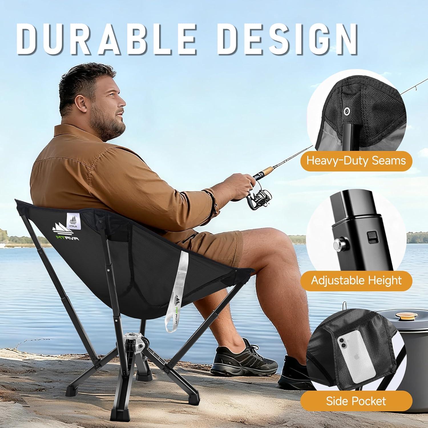 Silla de Camping Plegable MTRVR Negra, Soporta 272 Kg, Compacta