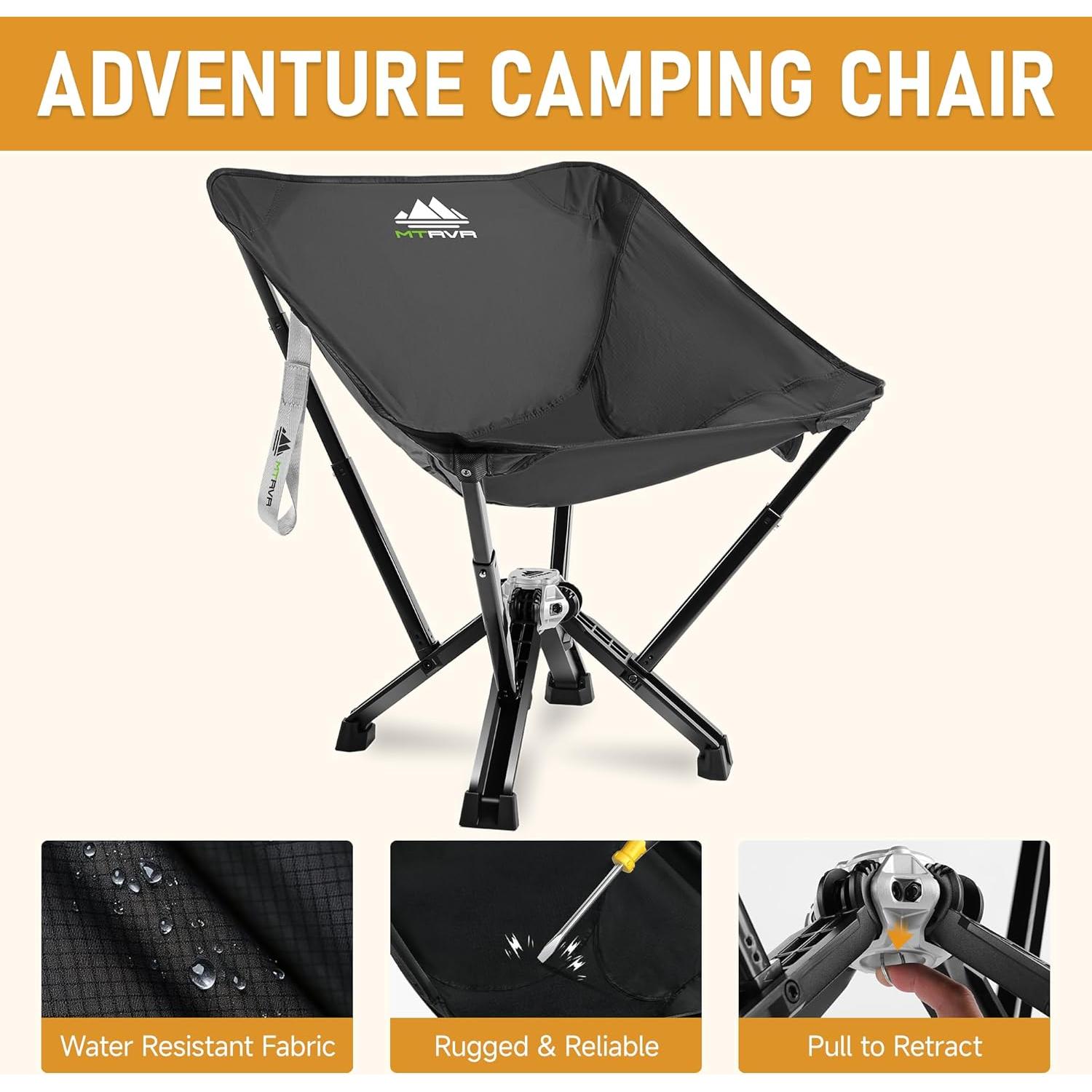 Silla de Camping Plegable MTRVR Negra, Soporta 272 Kg, Compacta
