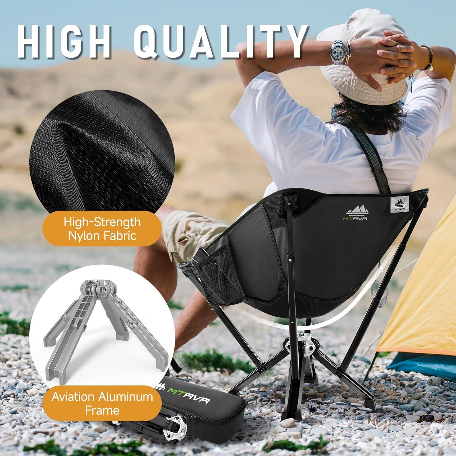 Silla de Camping Plegable MTRVR Negra, Soporta 272 Kg, Compacta