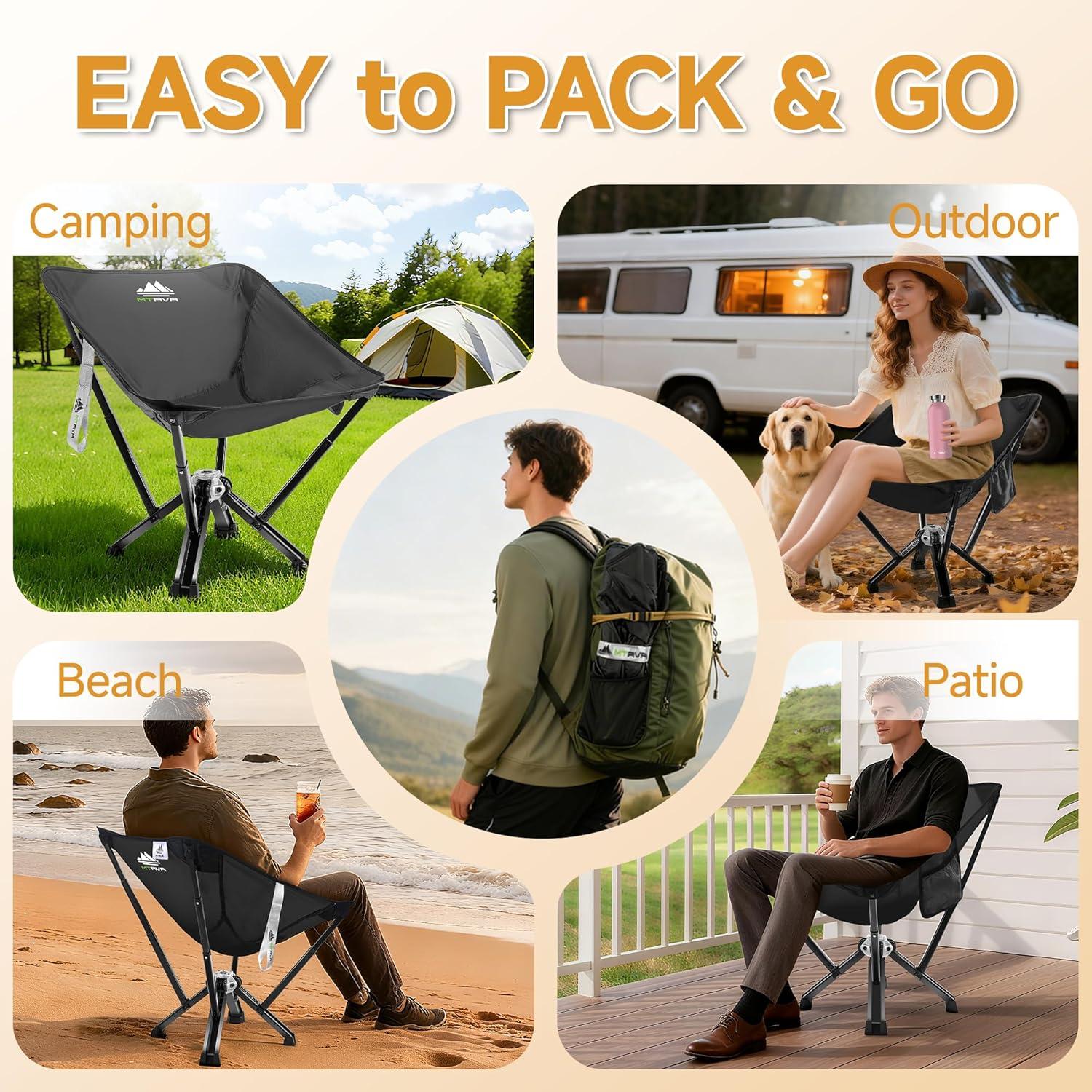 Silla de Camping Plegable MTRVR Negra, Soporta 272 Kg, Compacta