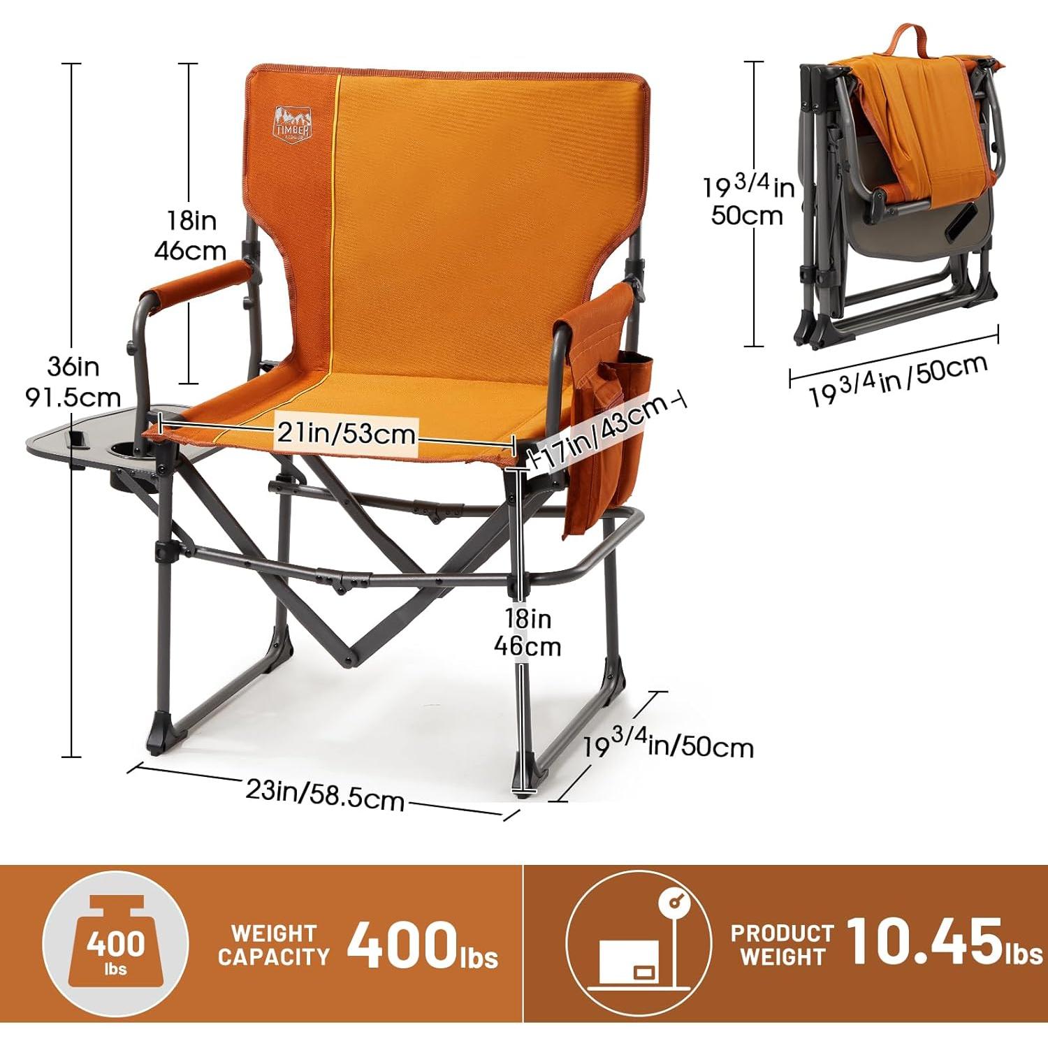 Silla Plegable de Camping Timber Ridge Naranja 181kg con Mesa Lateral