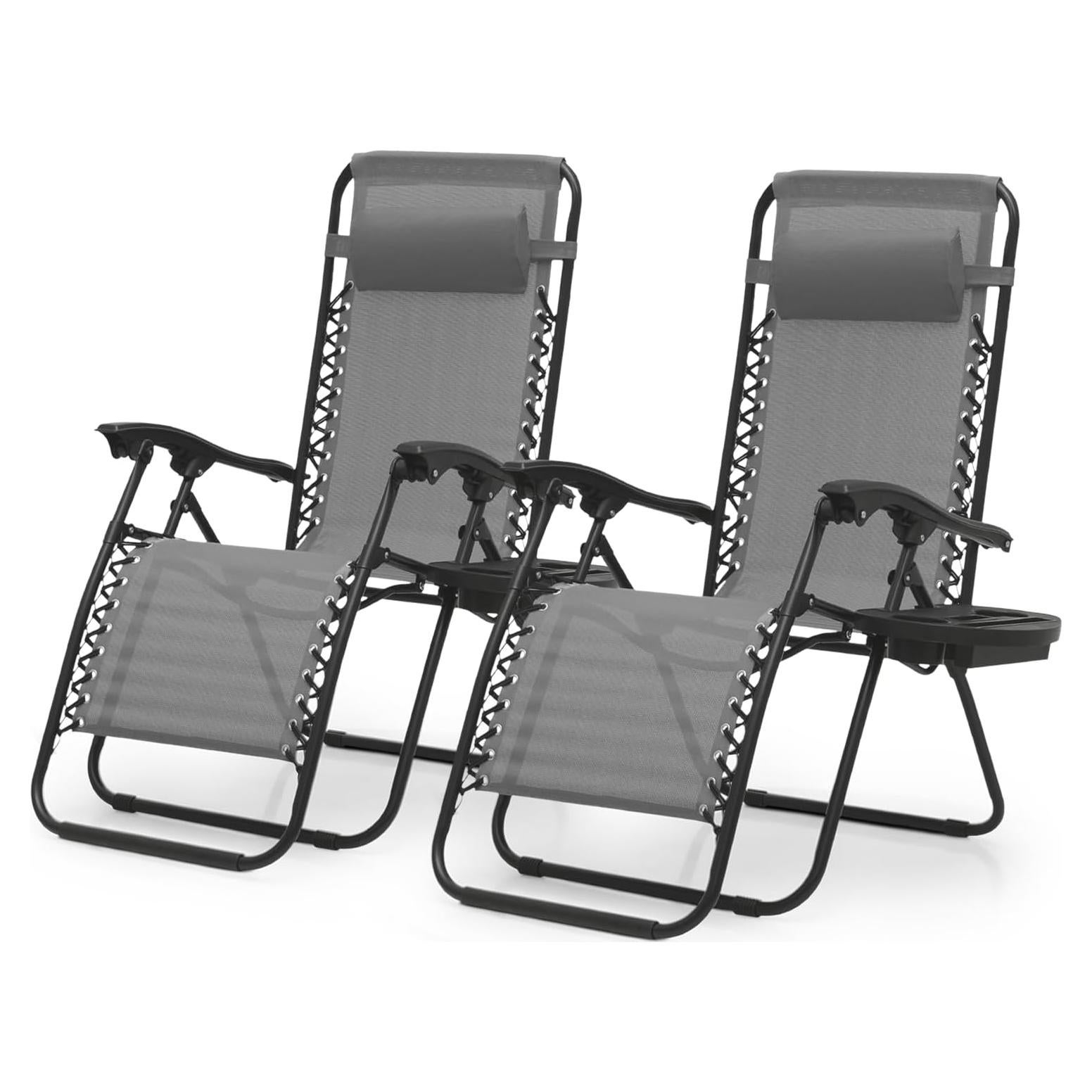 Magshion Zero Gravity Lounge Chairs Set of 2, Outdoor Patio Reclining Chair with Side Tray, Adjustable Anti-Gravity Recliners with Pillow Headrest, Folding Lounger for Lawn Camping Beach, Grey