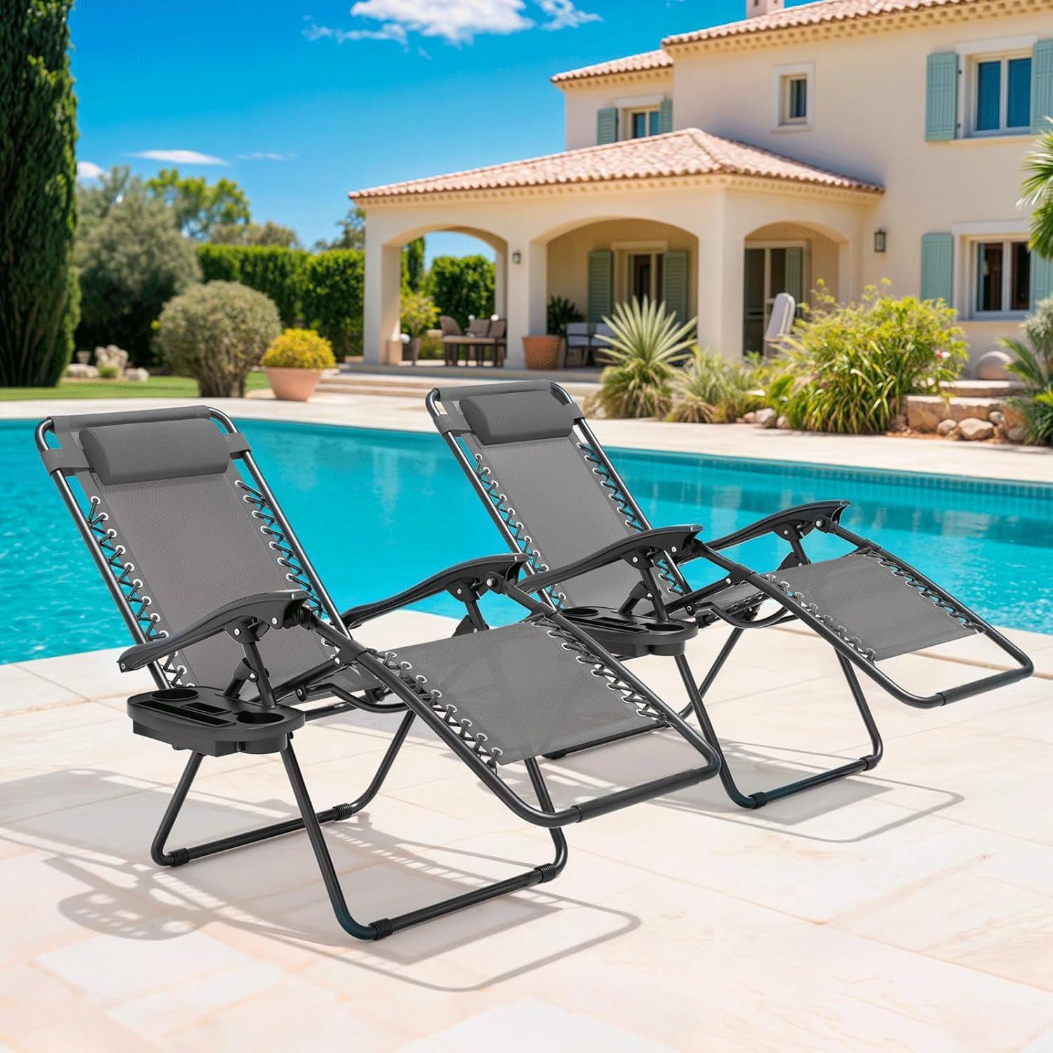 Magshion Zero Gravity Lounge Chairs Set of 2, Outdoor Patio Reclining Chair with Side Tray, Adjustable Anti-Gravity Recliners with Pillow Headrest, Folding Lounger for Lawn Camping Beach, Grey
