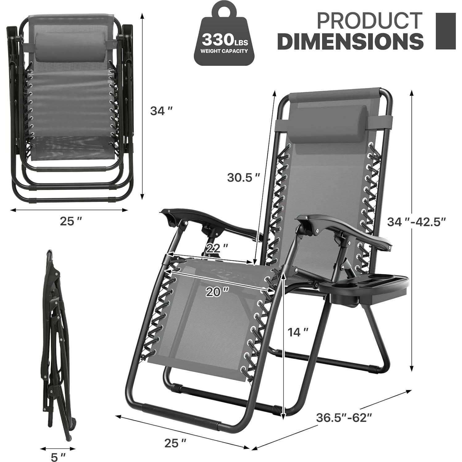 Magshion Zero Gravity Lounge Chairs Set of 2, Outdoor Patio Reclining Chair with Side Tray, Adjustable Anti-Gravity Recliners with Pillow Headrest, Folding Lounger for Lawn Camping Beach, Grey