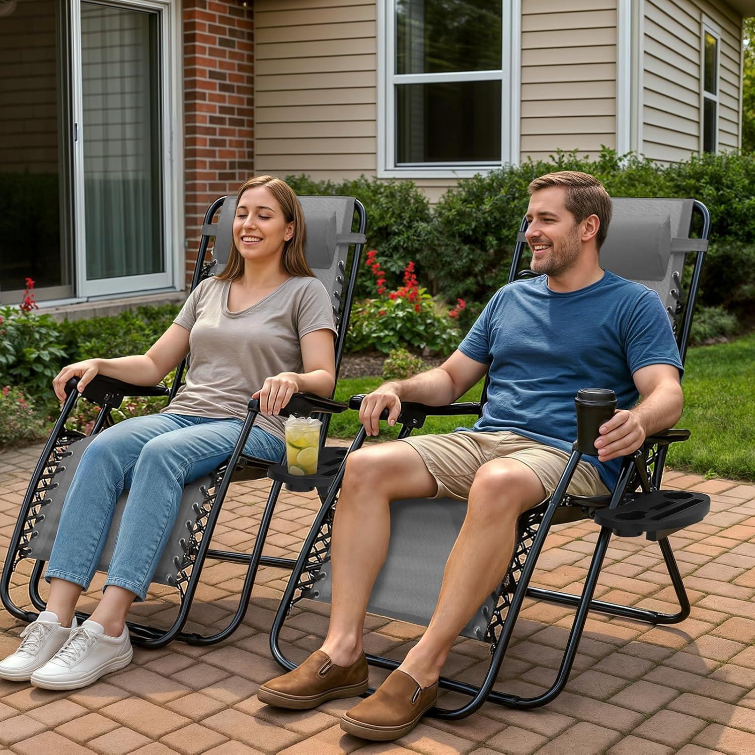 Magshion Zero Gravity Lounge Chairs Set of 2, Outdoor Patio Reclining Chair with Side Tray, Adjustable Anti-Gravity Recliners with Pillow Headrest, Folding Lounger for Lawn Camping Beach, Grey