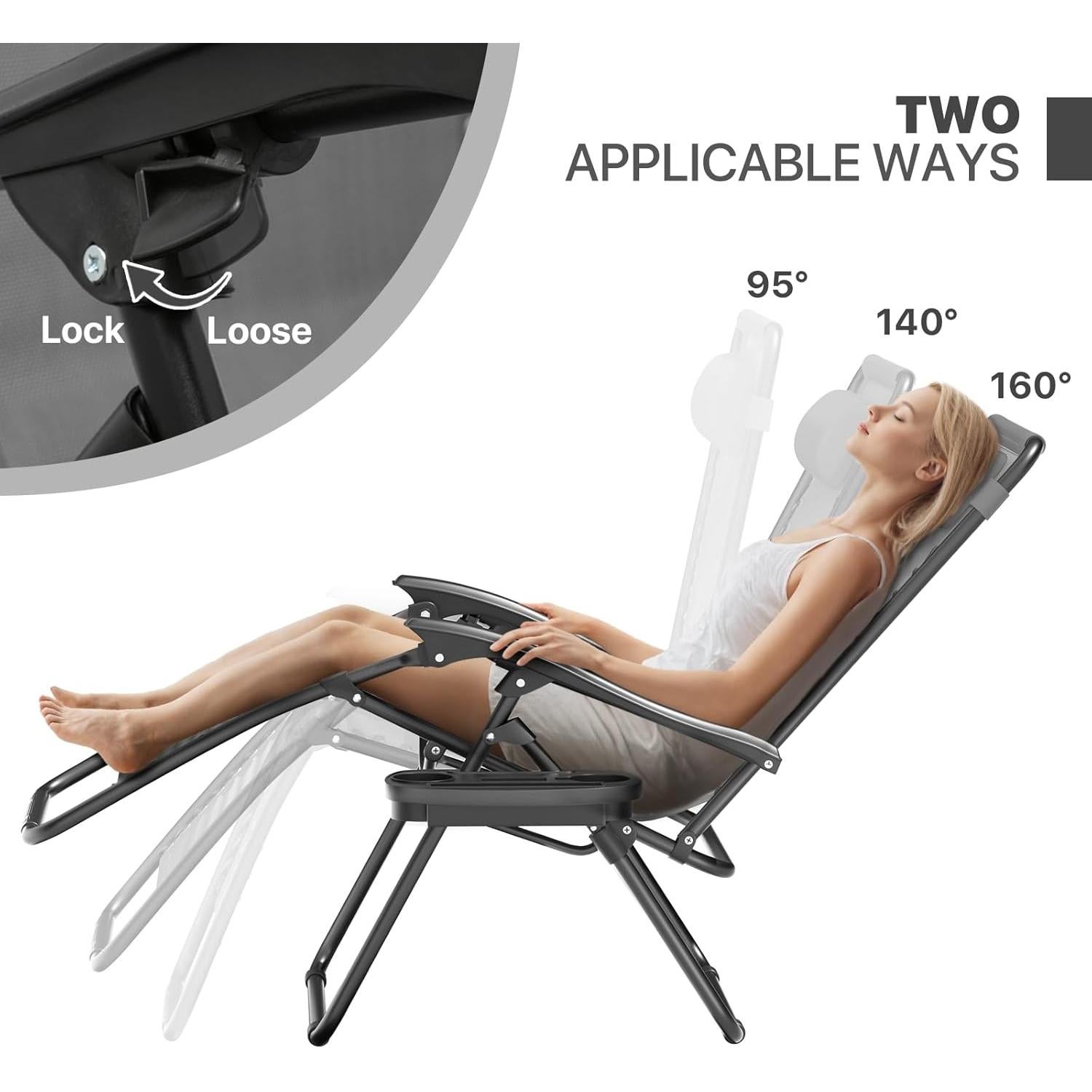 Magshion Zero Gravity Lounge Chairs Set of 2, Outdoor Patio Reclining Chair with Side Tray, Adjustable Anti-Gravity Recliners with Pillow Headrest, Folding Lounger for Lawn Camping Beach, Grey