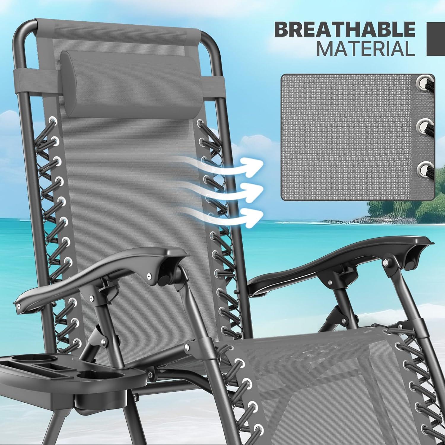 Magshion Zero Gravity Lounge Chairs Set of 2, Outdoor Patio Reclining Chair with Side Tray, Adjustable Anti-Gravity Recliners with Pillow Headrest, Folding Lounger for Lawn Camping Beach, Grey