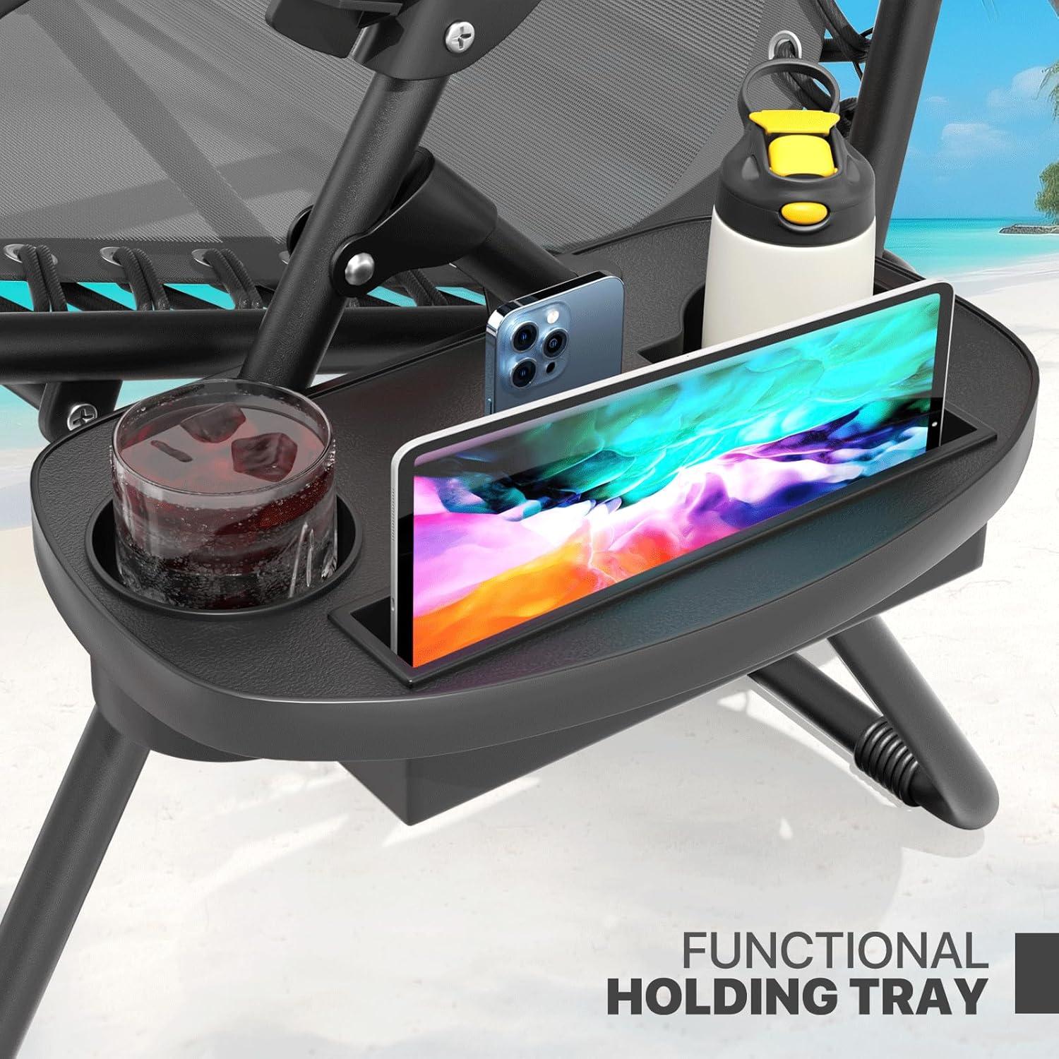 Magshion Zero Gravity Lounge Chairs Set of 2, Outdoor Patio Reclining Chair with Side Tray, Adjustable Anti-Gravity Recliners with Pillow Headrest, Folding Lounger for Lawn Camping Beach, Grey