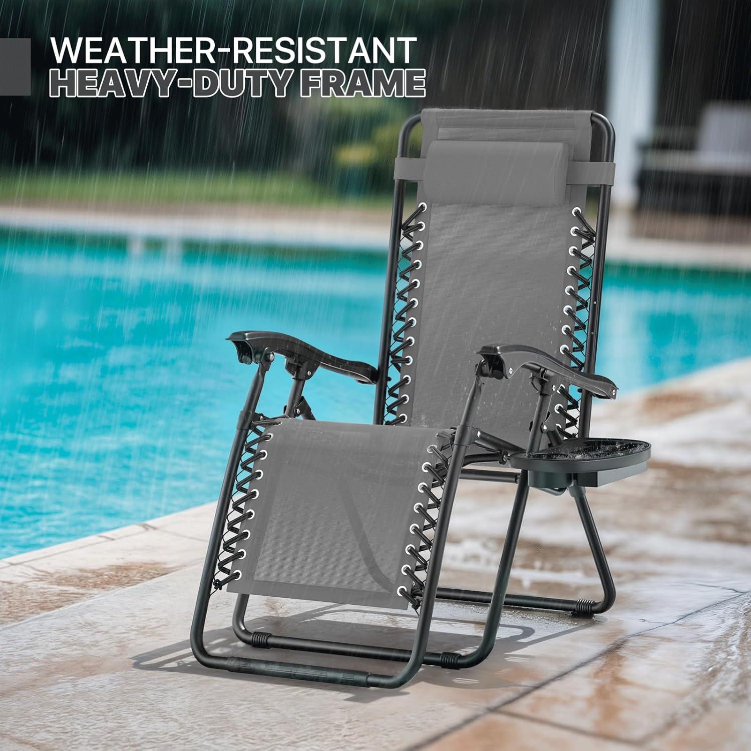 Magshion Zero Gravity Lounge Chairs Set of 2, Outdoor Patio Reclining Chair with Side Tray, Adjustable Anti-Gravity Recliners with Pillow Headrest, Folding Lounger for Lawn Camping Beach, Grey