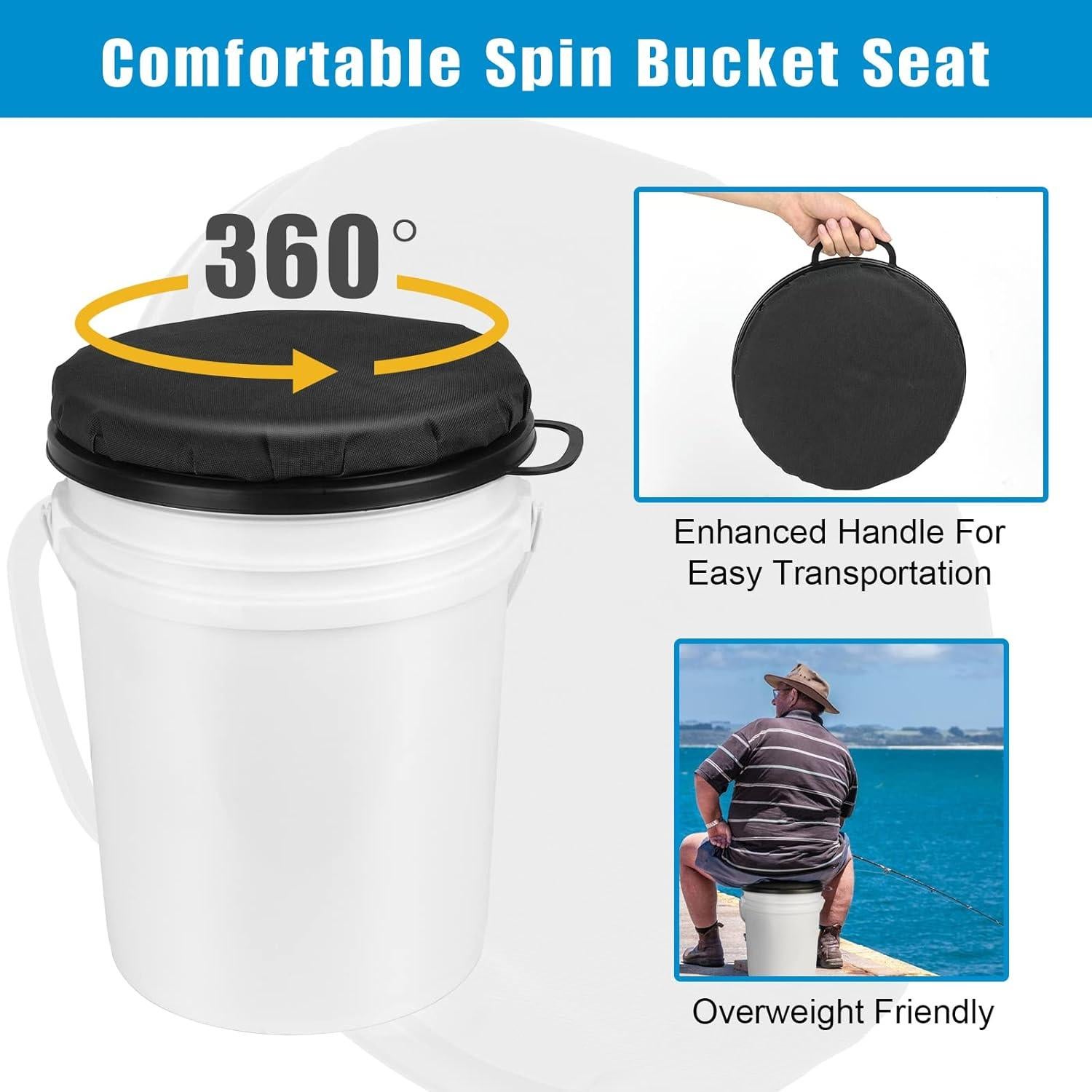 Foxtune 360-Degree Swivel Bucket Seat, 5 Gallon Bucket Lid, Spin Bucket Seat Cushion, Silent, Comfortable, Water-Resistant, for Fishing, Gardening, Hunting and Camping