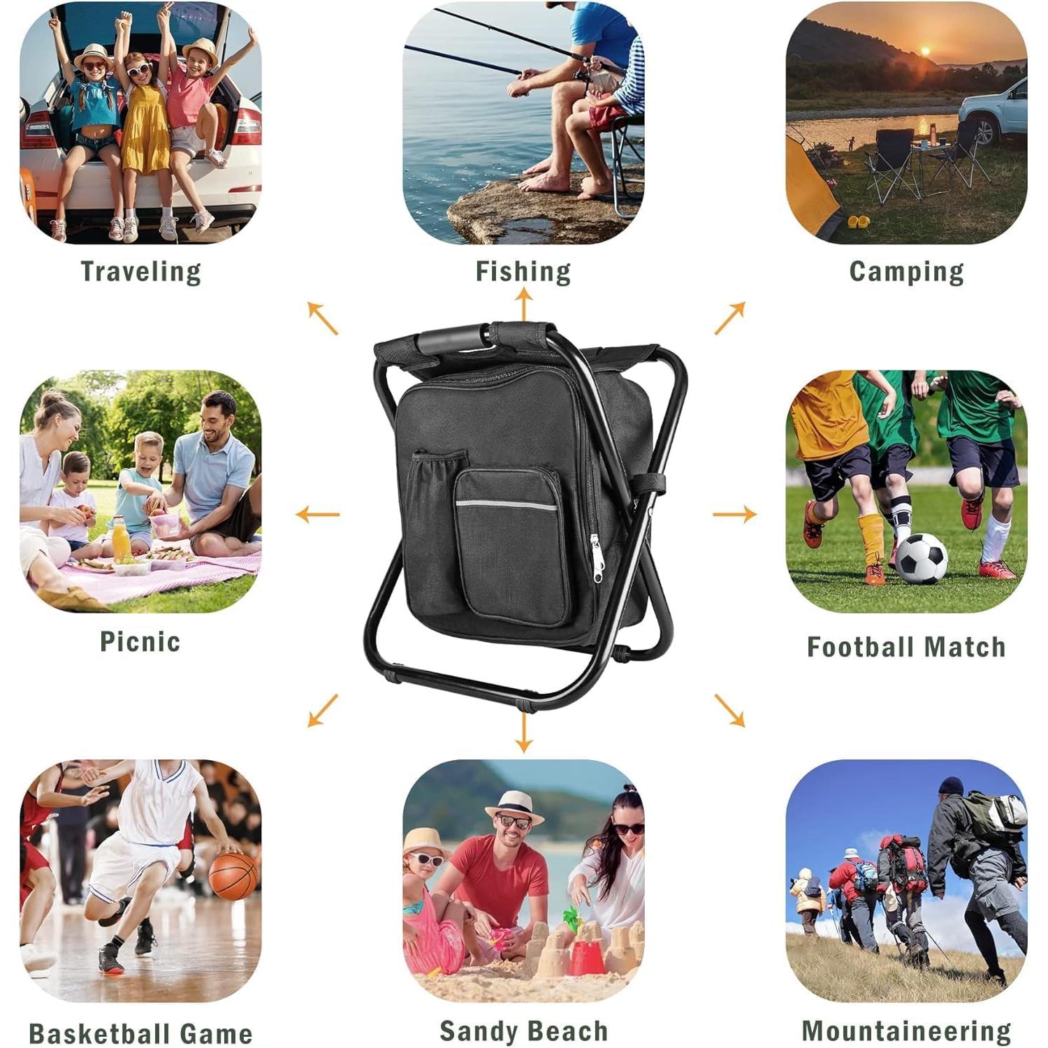 Kikerike Backpack Stool Cooler Chair Heavy Duty 400 LBS Max Load Portable Lightweight Folding Fishing Cooler for Camping Hunting Fishing - Black