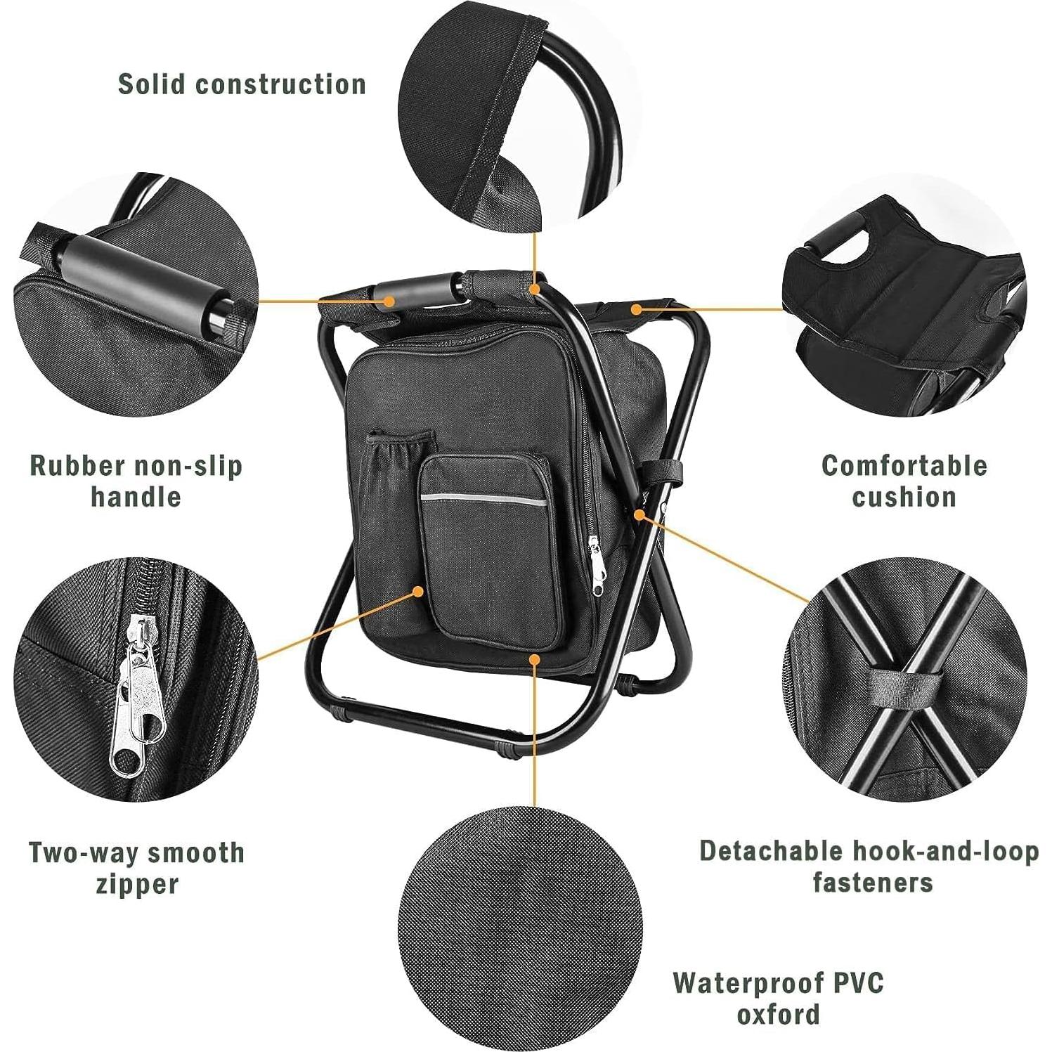 Kikerike Backpack Stool Cooler Chair Heavy Duty 400 LBS Max Load Portable Lightweight Folding Fishing Cooler for Camping Hunting Fishing - Black
