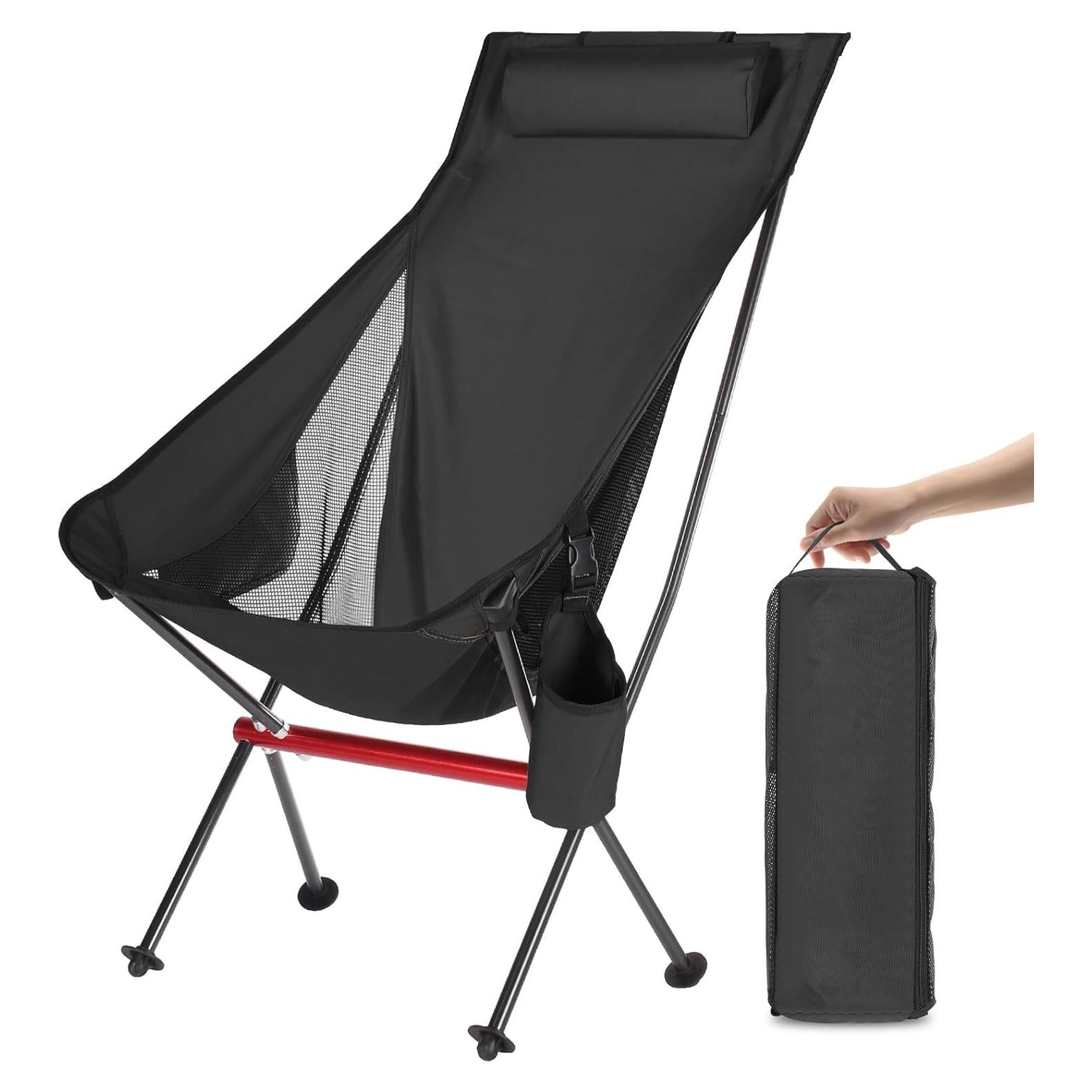 OKYUK Camping Chair, High Back Portable Folding Chair, Aircraft Grade Aluminum Alloy Structure, Built-in Pillow, Side Pocket & Carry Bag, Compact & Heavy Duty for Outdoor Backpacking (Black)
