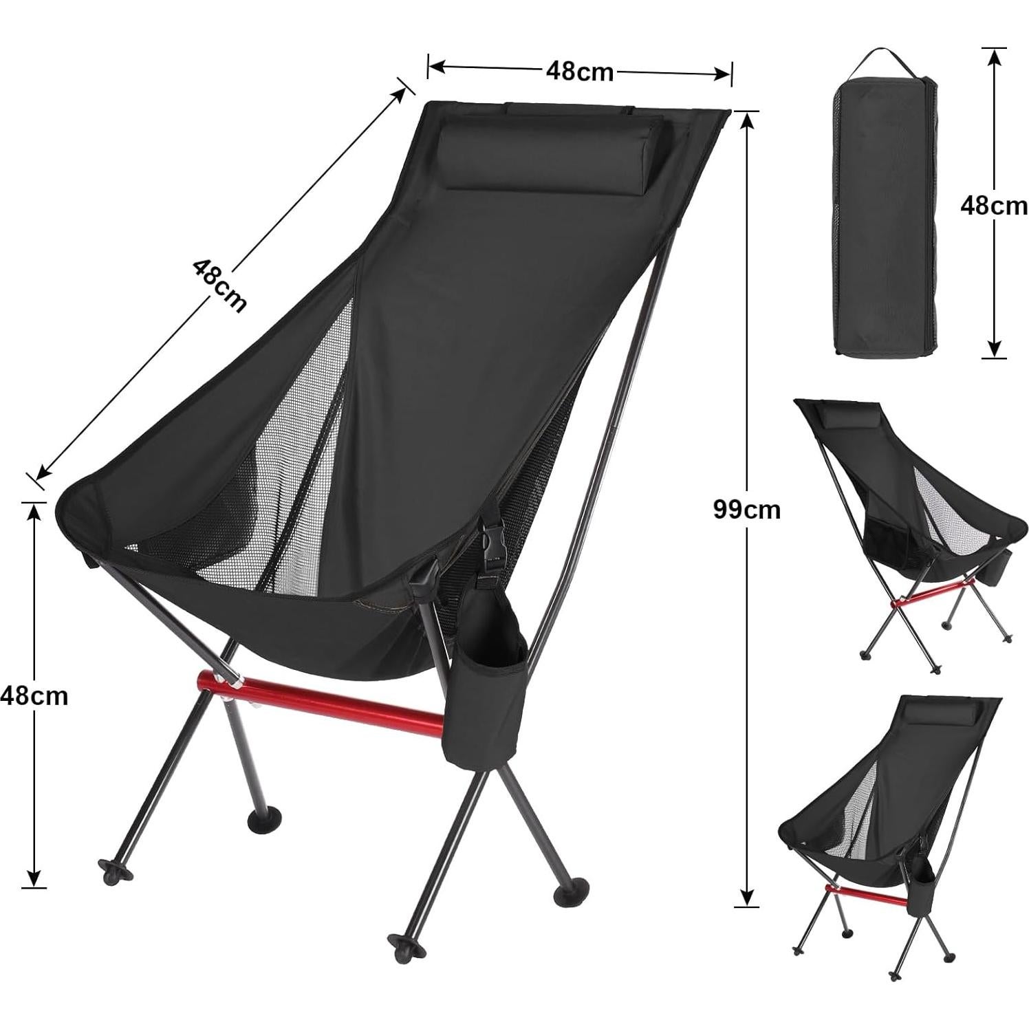 OKYUK Camping Chair, High Back Portable Folding Chair, Aircraft Grade Aluminum Alloy Structure, Built-in Pillow, Side Pocket & Carry Bag, Compact & Heavy Duty for Outdoor Backpacking (Black)
