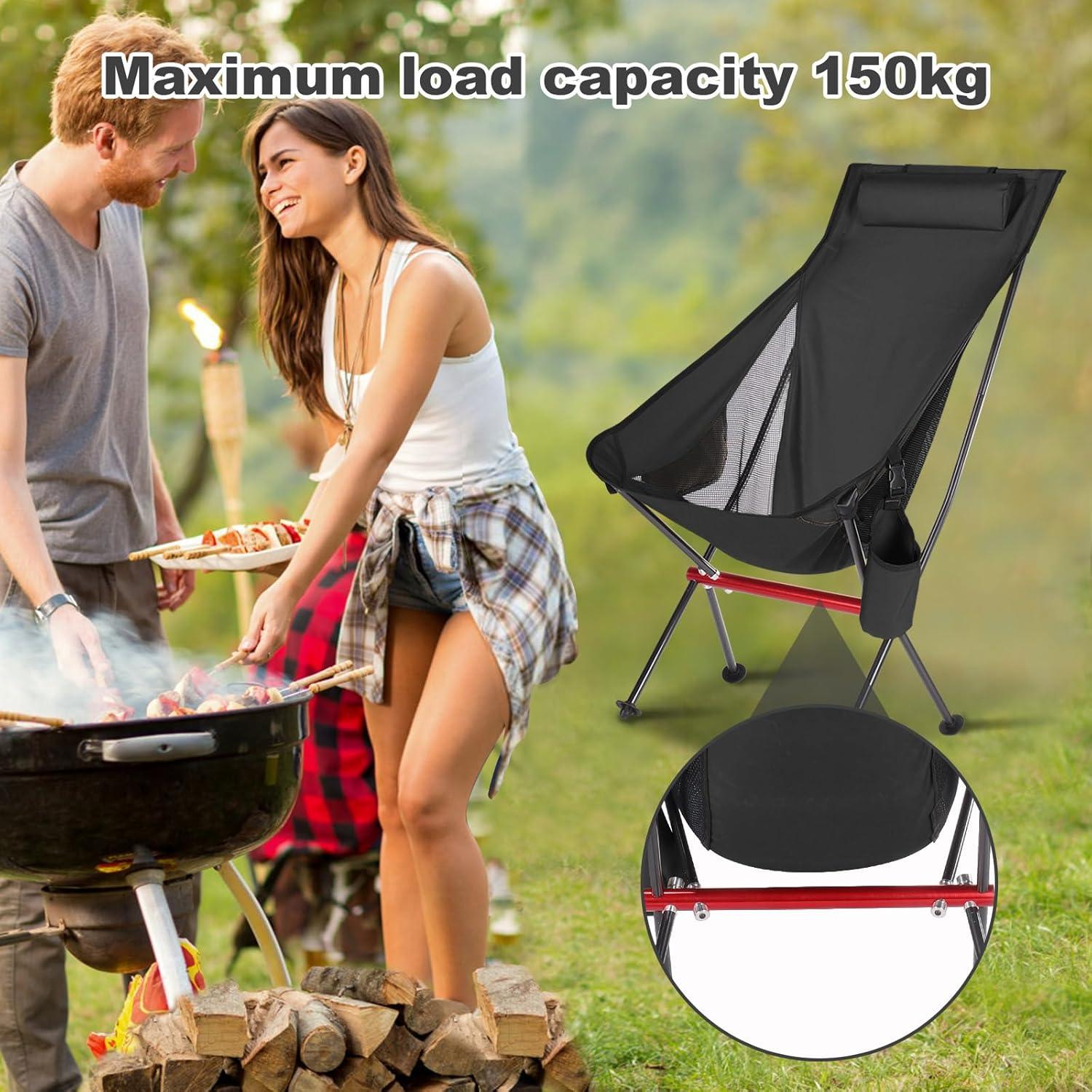 OKYUK Camping Chair, High Back Portable Folding Chair, Aircraft Grade Aluminum Alloy Structure, Built-in Pillow, Side Pocket & Carry Bag, Compact & Heavy Duty for Outdoor Backpacking (Black)
